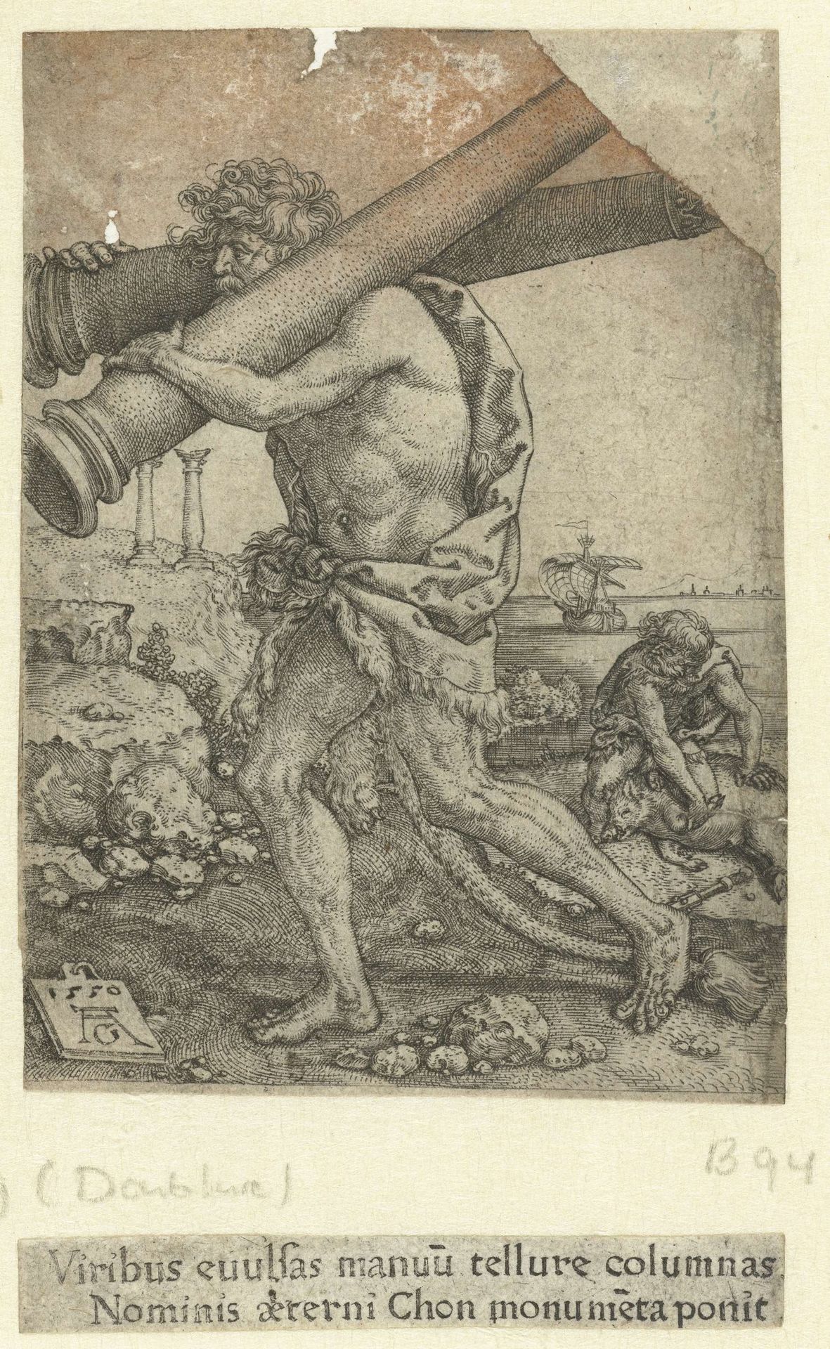 Hercules draagt de zuilen by Heinrich Aldegrever