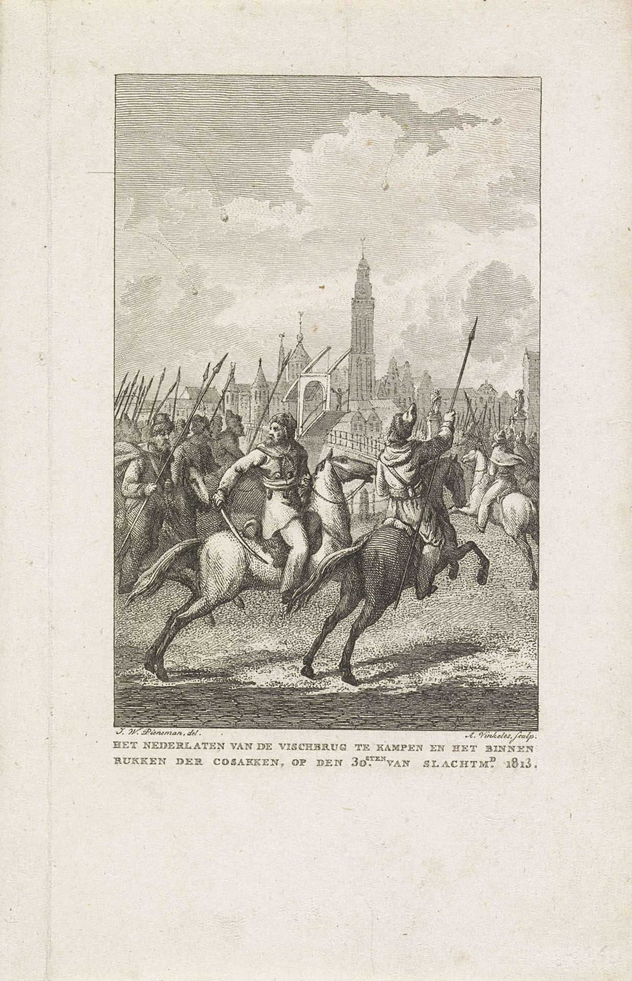 Kozakken trekken Kampen binnen, 1813 by Abraham Vinkeles