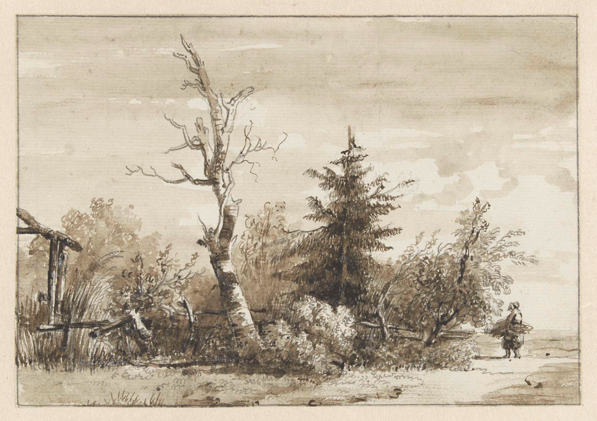 Landschap met bomengroep en rechts een sprokkelaarster by Jan Apeldoorn