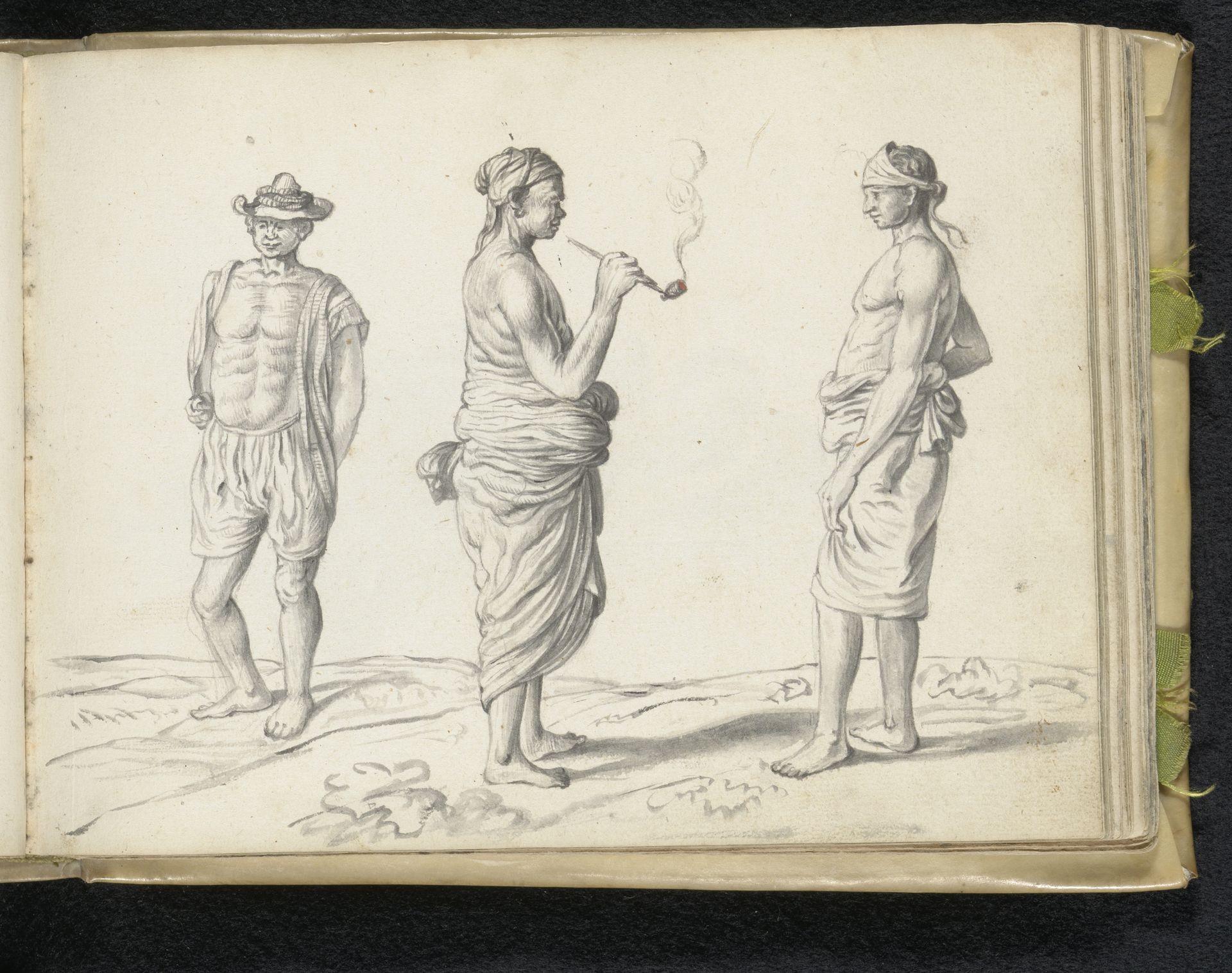 Man smoking a pipe in the company of two other labourers by Esaias Boursse