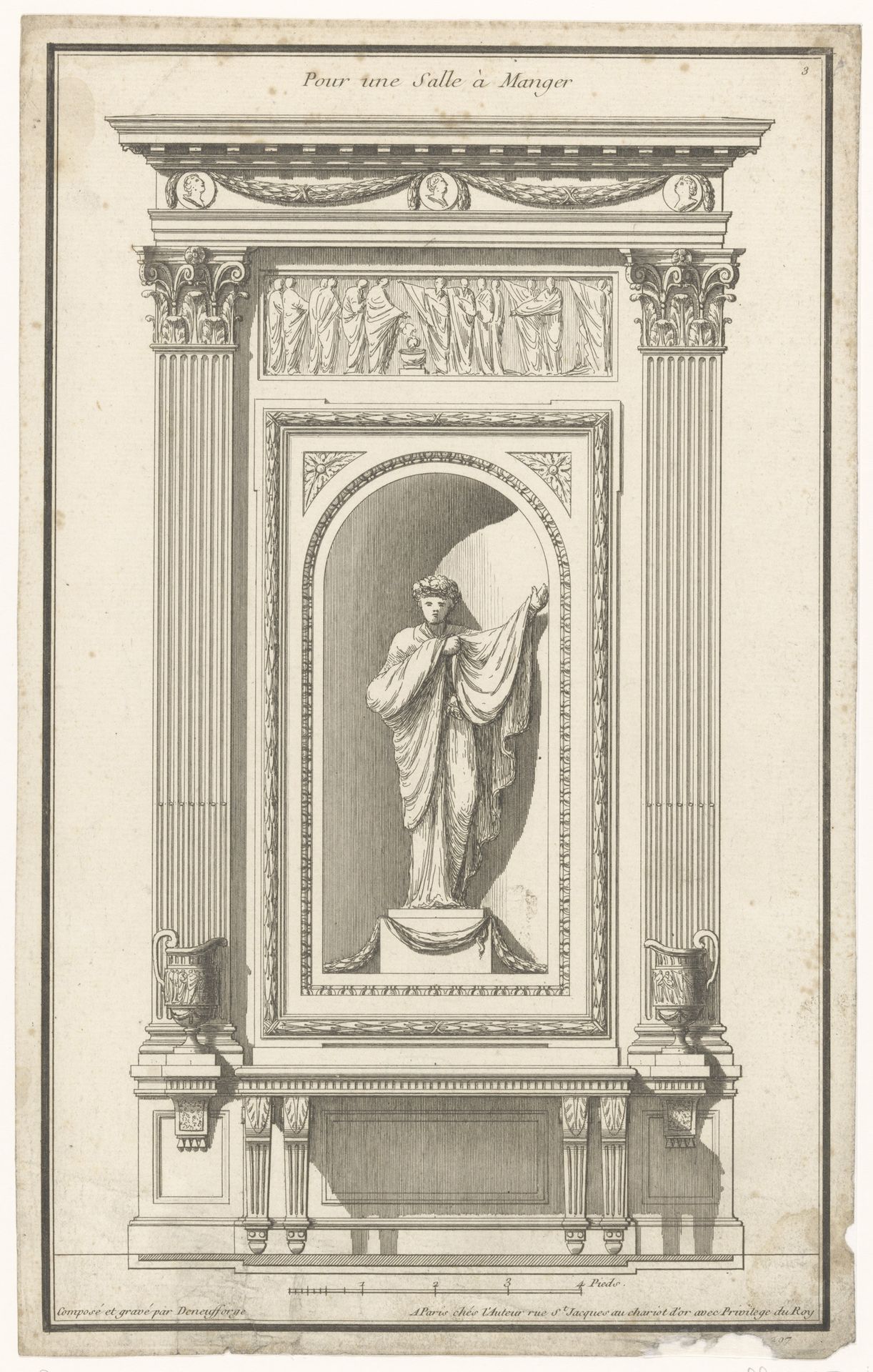 Eetkamer met beeld in nis by Jean François de Neufforge