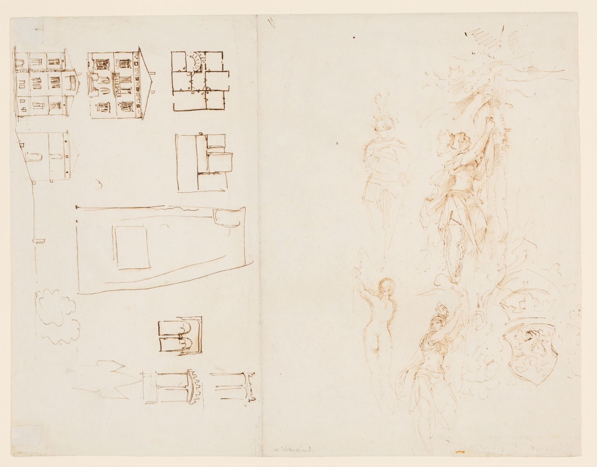 Entwurfsskizzen zum Haus des Künstlers in Frankfurt am Main sowie Vignettenentwürfe zum Erzherzog Carl von Oesterreich von Eduard Duller by Moritz von Schwind