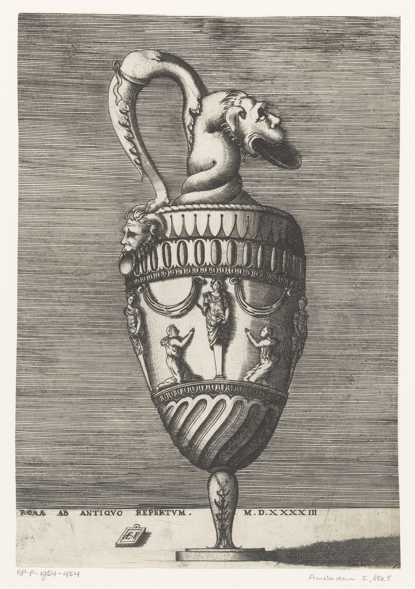 Ornamentele vaas met tuit in de vorm van een misvormd gezicht by Enea Vico