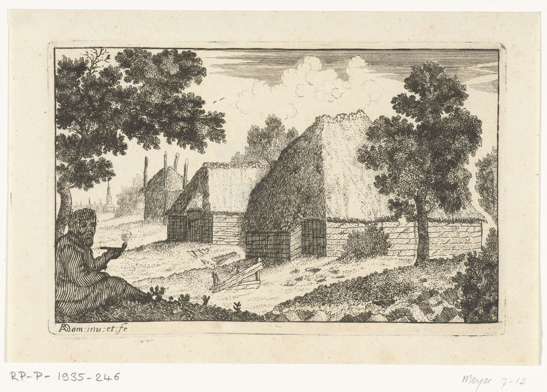 Twee boerenhuizen met een pijp rokende man by Richard Adam