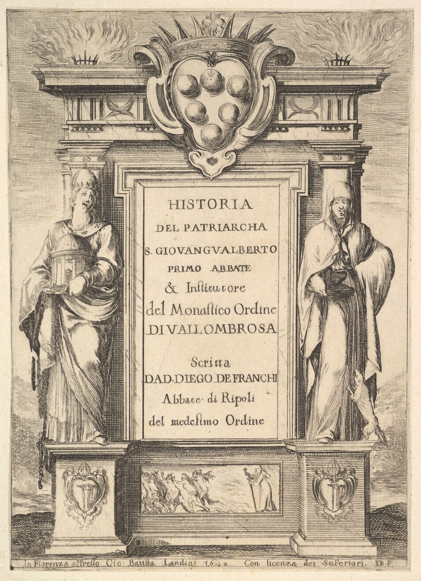 Frontispiece: a monument decorated with the Medici coat of arms at top in center, flames at top to either side, a hooded figure on right side of monument with a weasel below, a figure to left side wearing a papal crown, a scene of a monk chasing away demons with a cross on base of monument, from 'Frontispiece and four scenes from the life of Saint John Gualbert' (Frontispice et quatre vignettes pour une vie de Saint Jean Gualbert) by Stefano della Bella