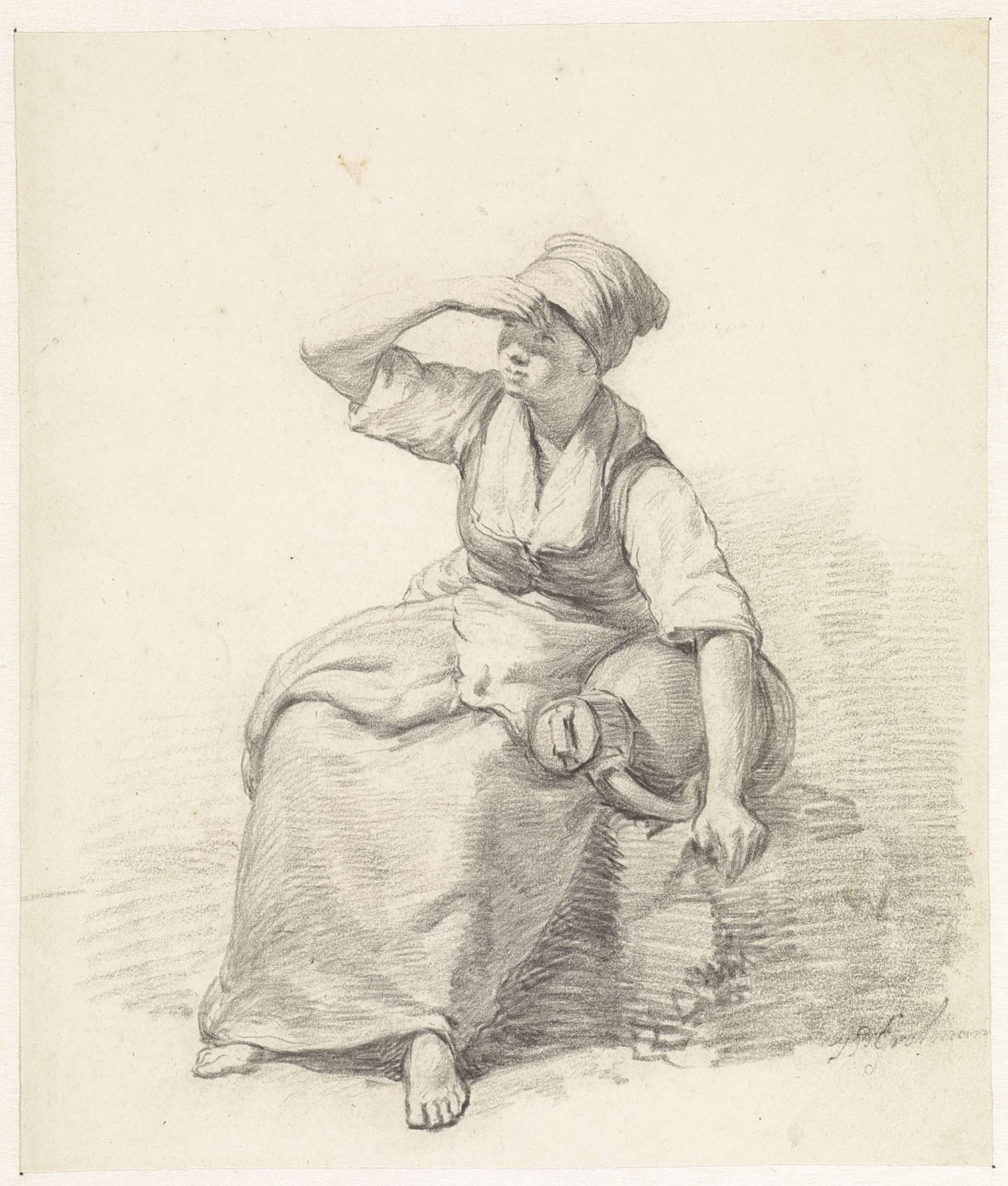 Zittende vrouw met melkbus by Johan Paul Constantinus Grolman
