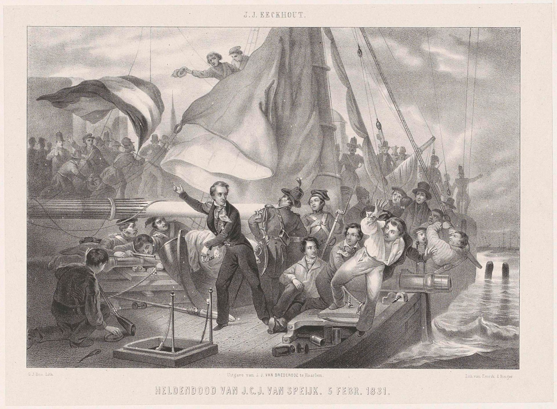 Jan van Speijk op het punt de lont in het ruim te gooien, 1831 by Gerardus Johannes Bos