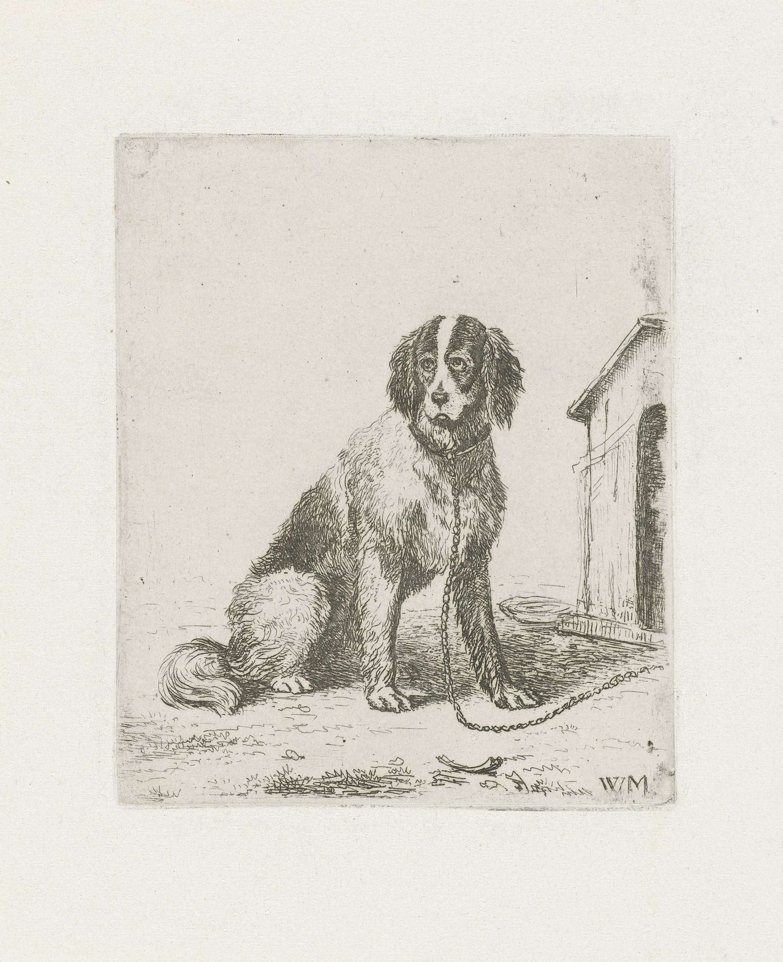Zittende hond aan de ketting bij een hondenhok by Christiaan Wilhelmus Moorrees