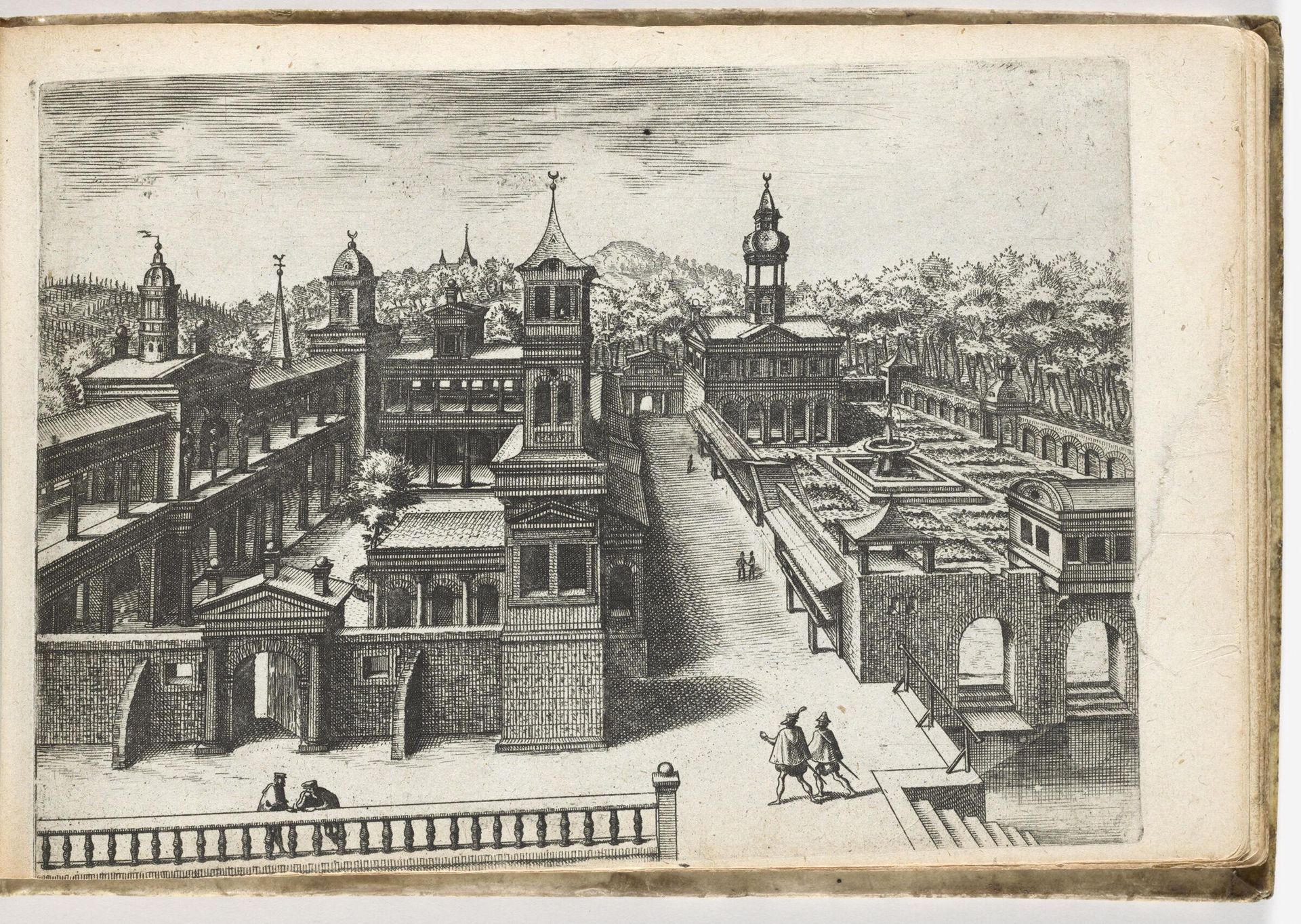View of a Palace with Inner Courtyard on the Left and Facing Garden with Fountain (N.H.) by Joannes van Doetecum