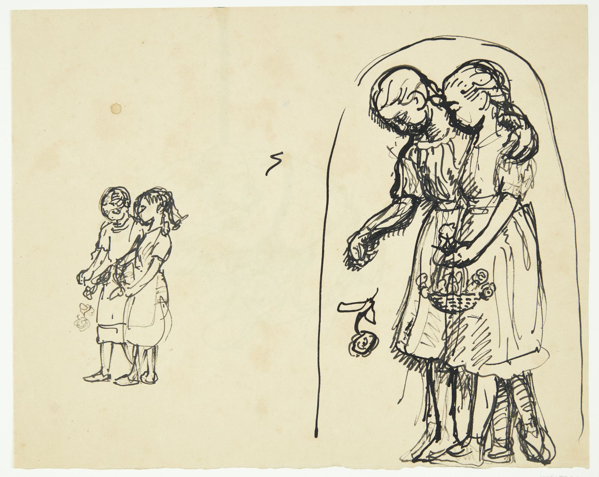 To små piger, der strør blomster. To udkast på samme blad by Peter Hansen