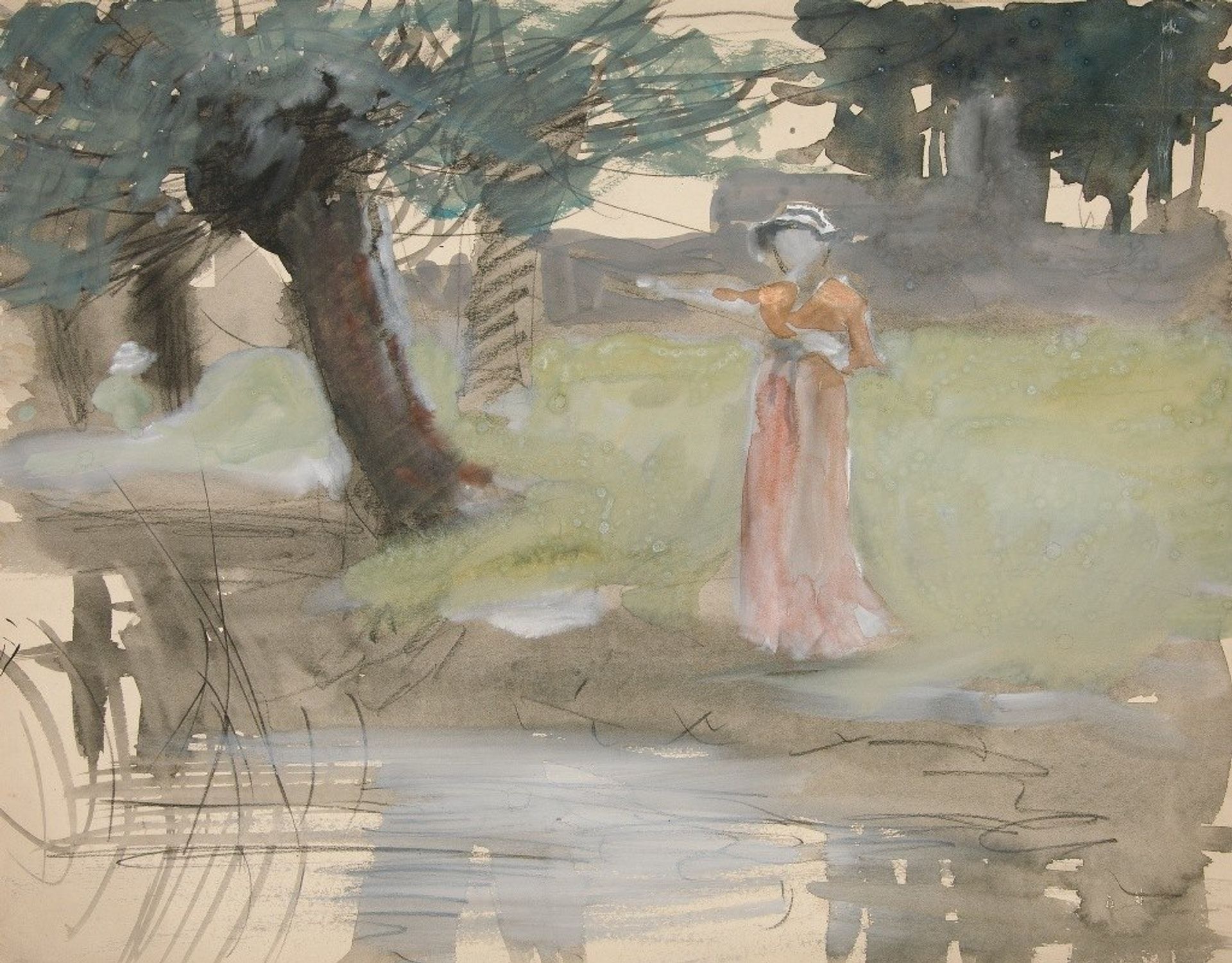 Woman standing by a riverbank by Edwin Austin Abbey