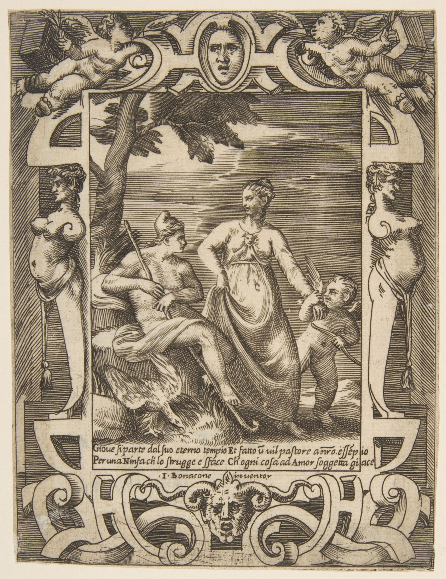 Jupiter at left in the form of a shepherd accompanied by Mnemosyne, set within an elaborate cartouche, from "Loves, Rages and Jealousies of Juno" by Giulio Bonasone
