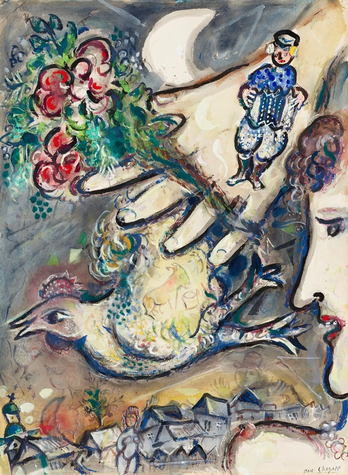 Profil de femme et main au coq by Marc Chagall