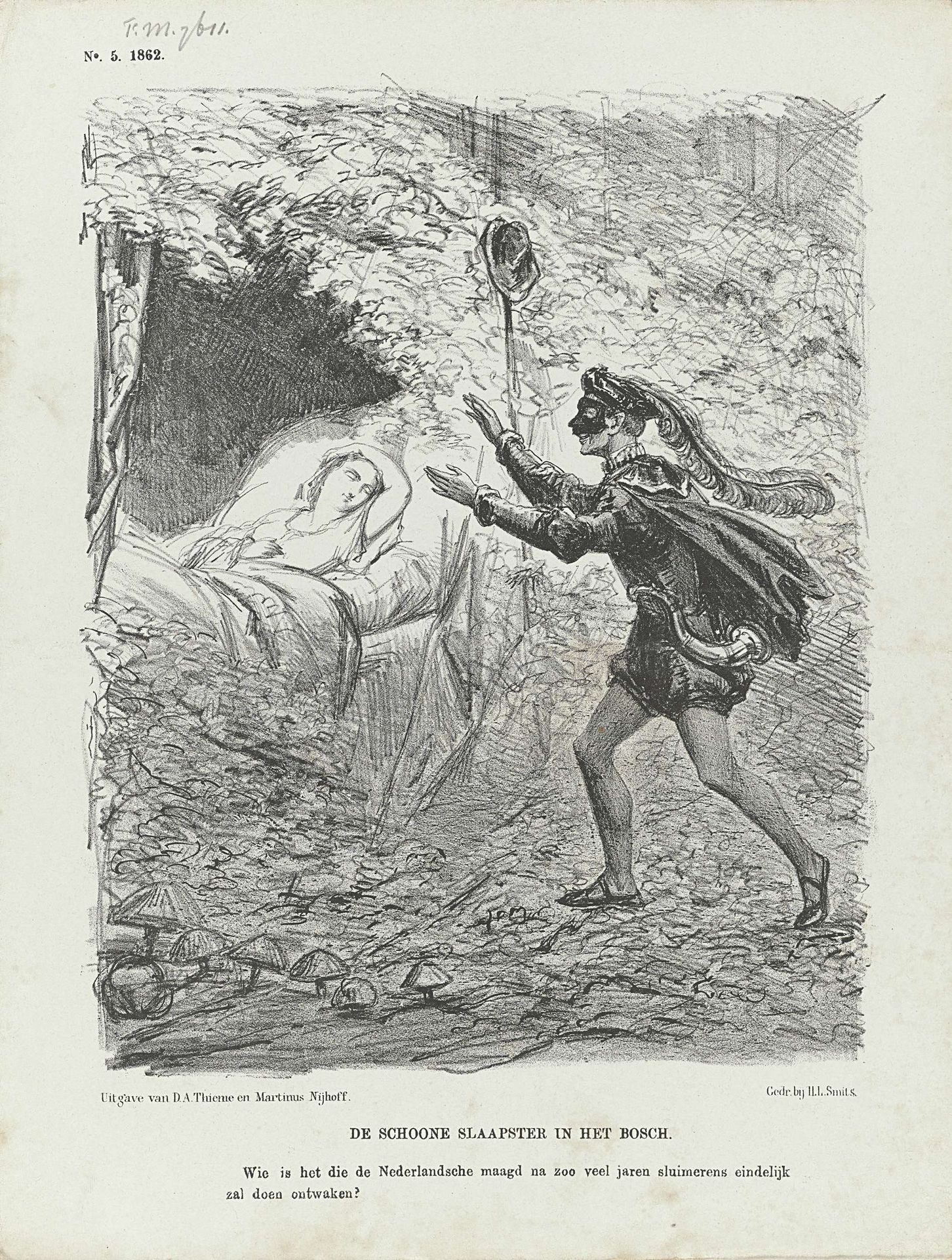 Spotprent met de Nederlandse Maagd gewekt door prins Thorbecke, 1862 by Johan Michaël Schmidt Crans