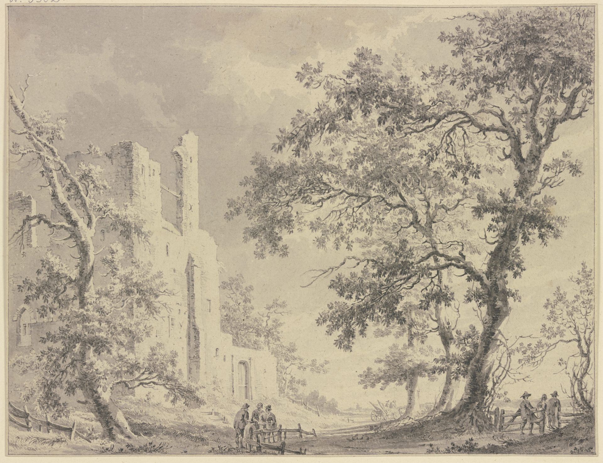 Links eine Ruine, rechts hohe Bäume mit einem Zaun, an welchem verschiedene Personen stehen by Paulus van Liender