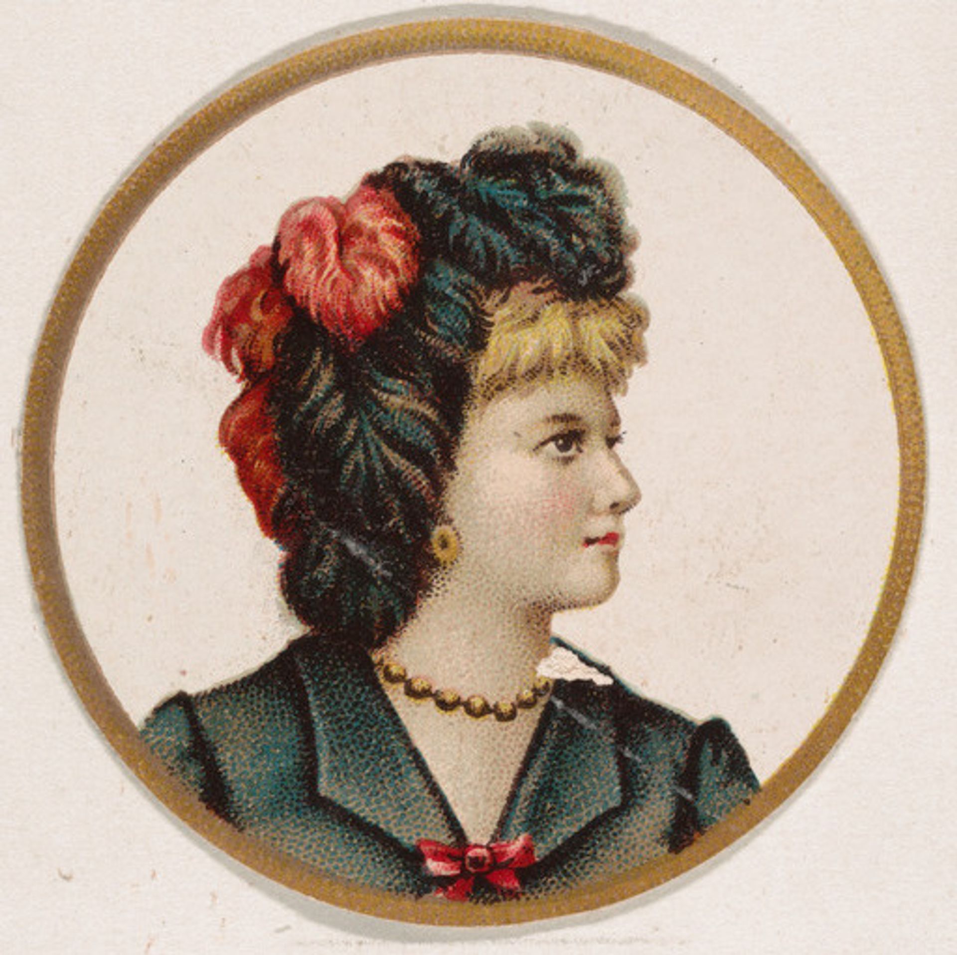Woman wearing hat with black and red feathers, from the Novelties series (N228, Type 2) issued by Kinney Bros. by Kinney Brothers Tobacco Company