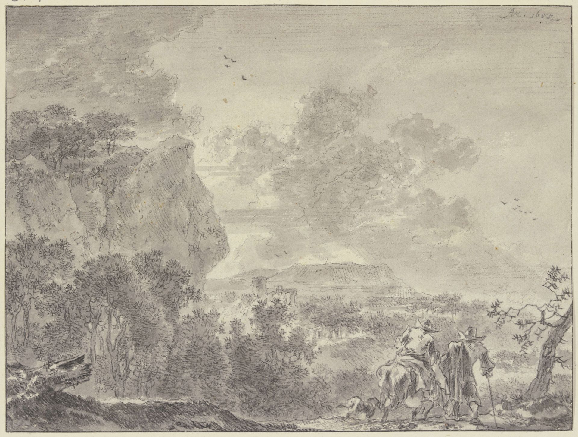 Italienische Landschaft, bewaldete Ebene, vorne zwei Wanderer, der linke beritten by Adriaen van der Cabel