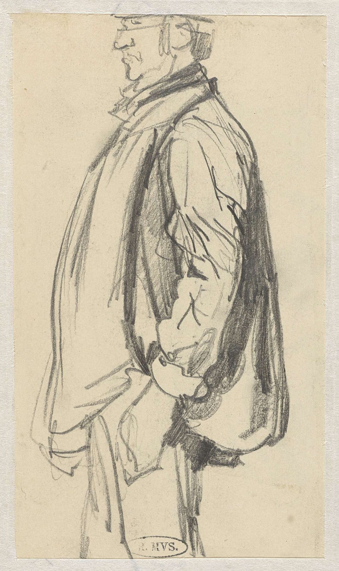 Staande man in een kiel, van opzij by Guillaume Anne van der Brugghen
