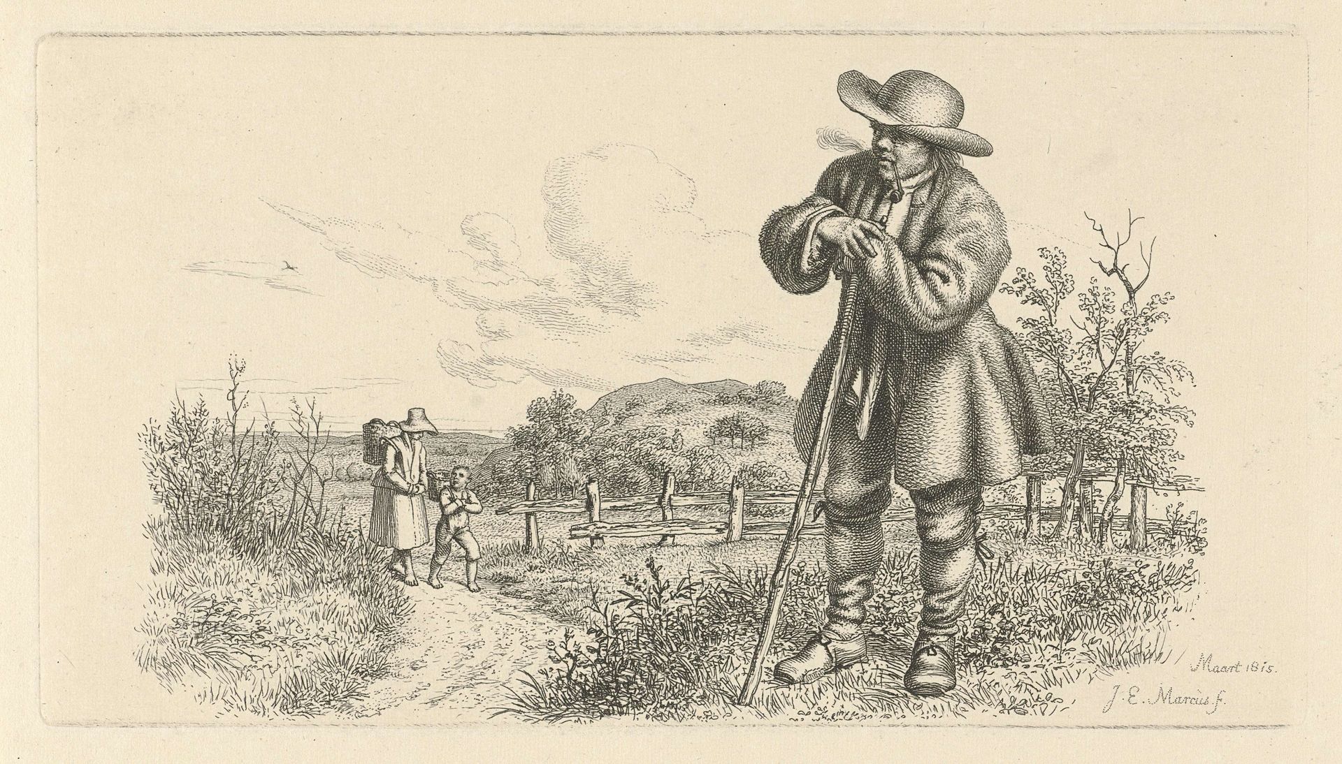 Man leunend op een stok en een vrouw met een kind op een landweg by Jacob Ernst Marcus