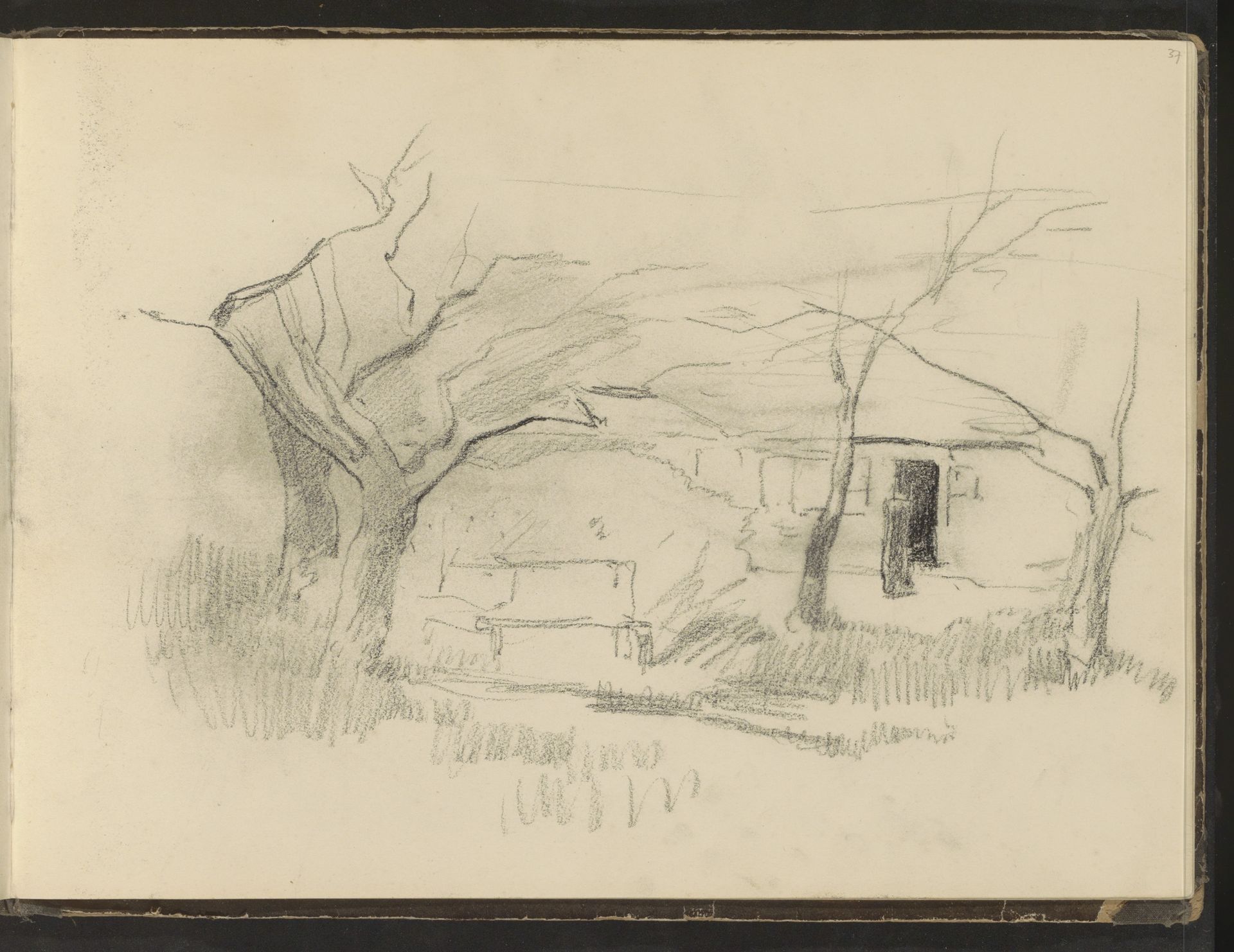 Bomen en een bank voor een huis op het platteland by Albert Neuhuys