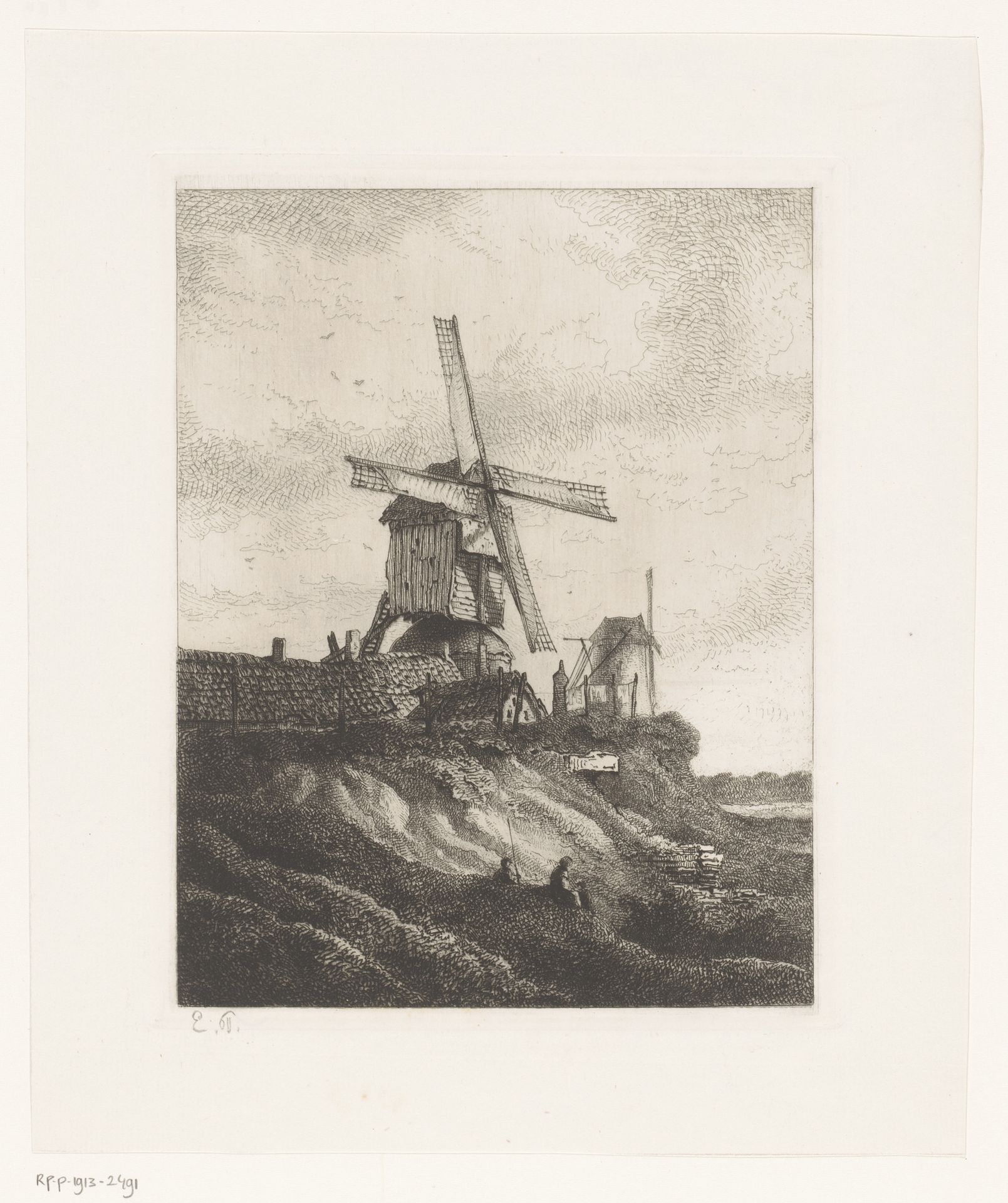 Landschap met twee molens by Emile Puttaert