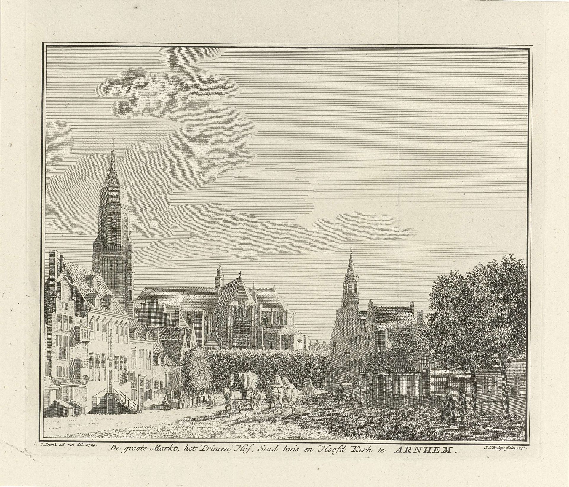 Gezicht op de Grote Markt, het Prinsenhof, het oude stadhuis en de Eusebiuskerk te Arnhem by Jan Caspar Philips