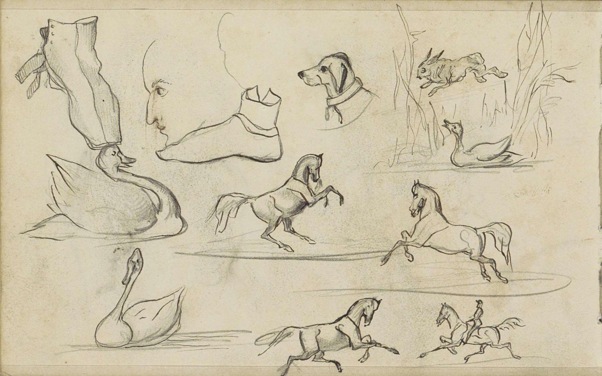 Studieblad, onder andere met paarden, ruiters en zwanen by Johannes Tavenraat