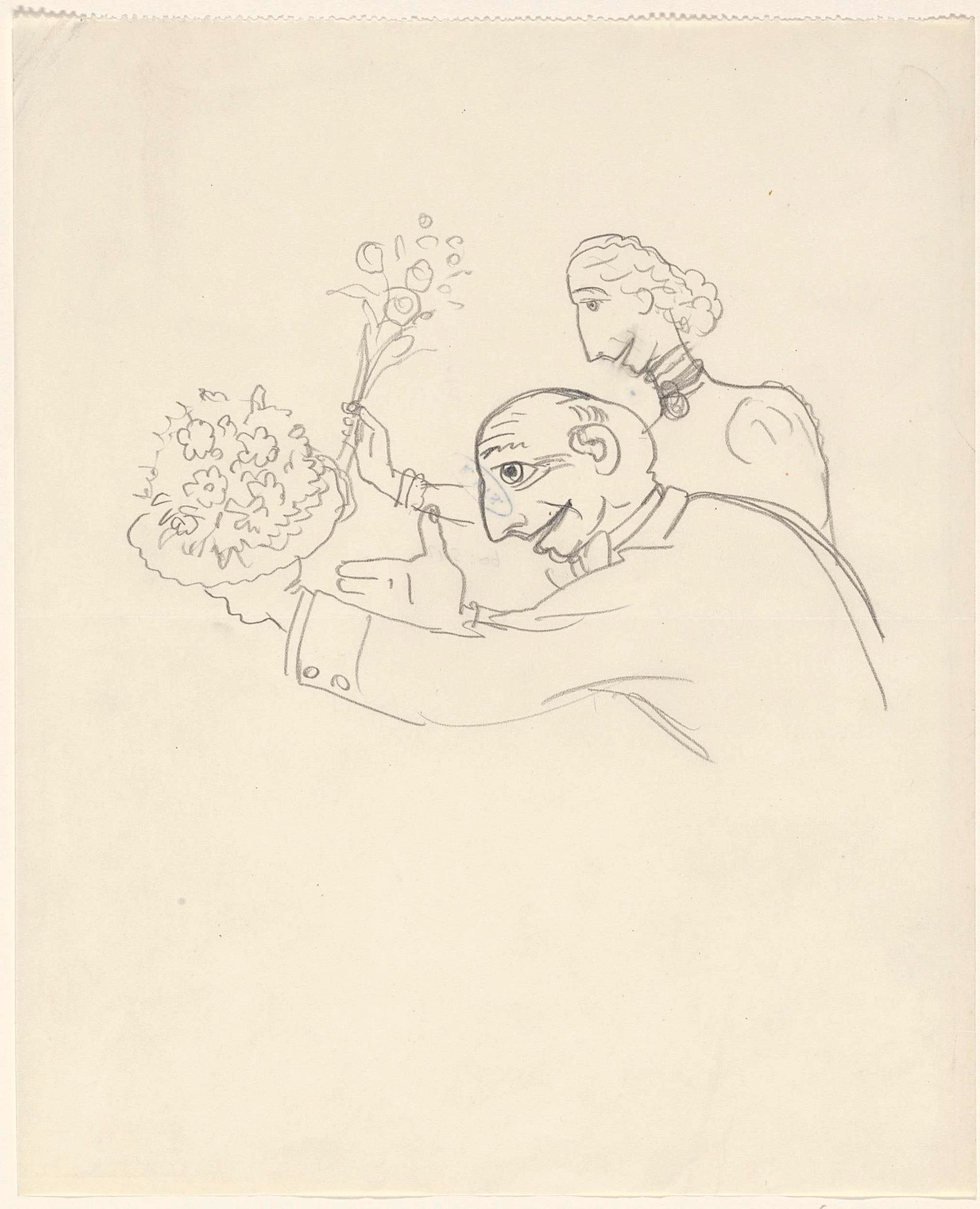 Karikatuur van Leo Gestel en zijn vrouw met bloemen in de hand by Leo Gestel