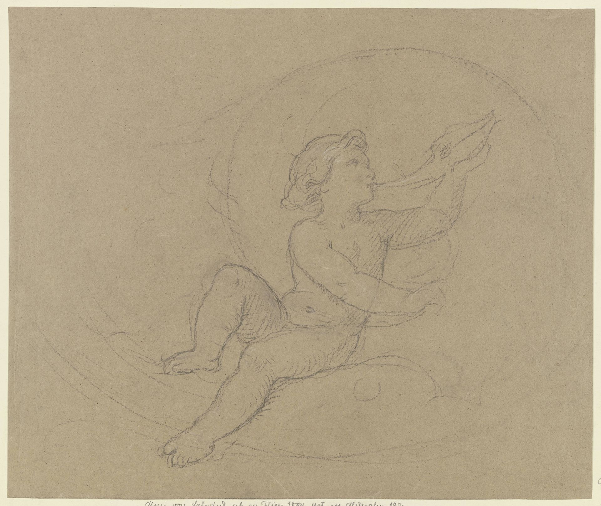 Putto zwischen Ranken, in ein Muschelhorn blasend by Moritz von Schwind