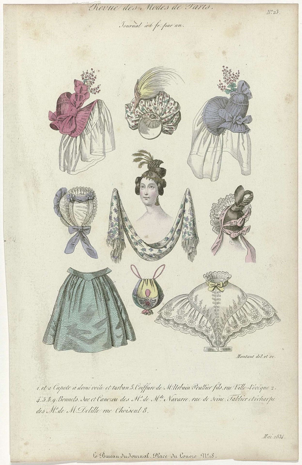 Revue des Modes de Paris, Mai 1834, No. 23 : 1. et 2 Capote à demi voil (...) by Montaut d'Oleron. Gabriel Xavier