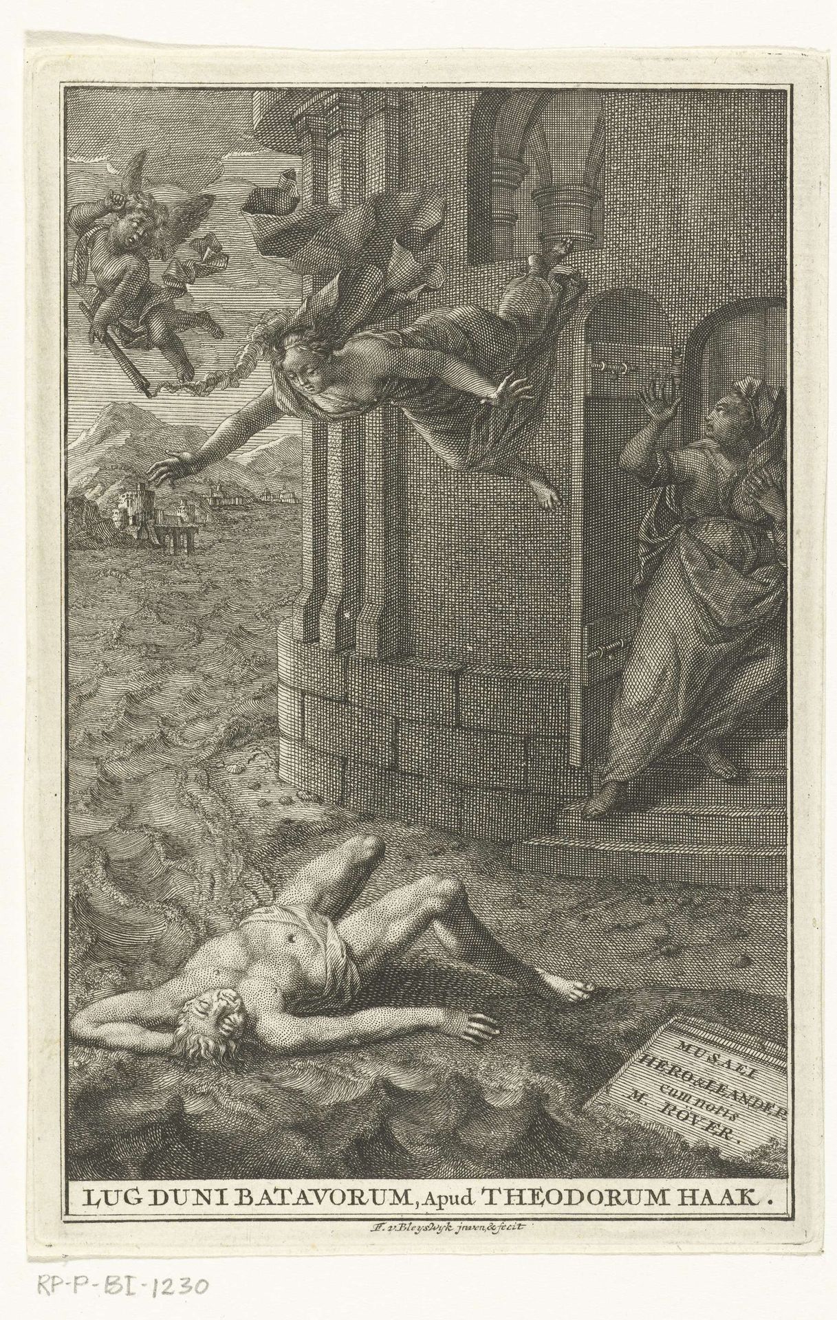 Hero stort zich uit wanhoop in zee nadat haar geliefde Leander verdronken is in de Hellespont by François van Bleyswijck