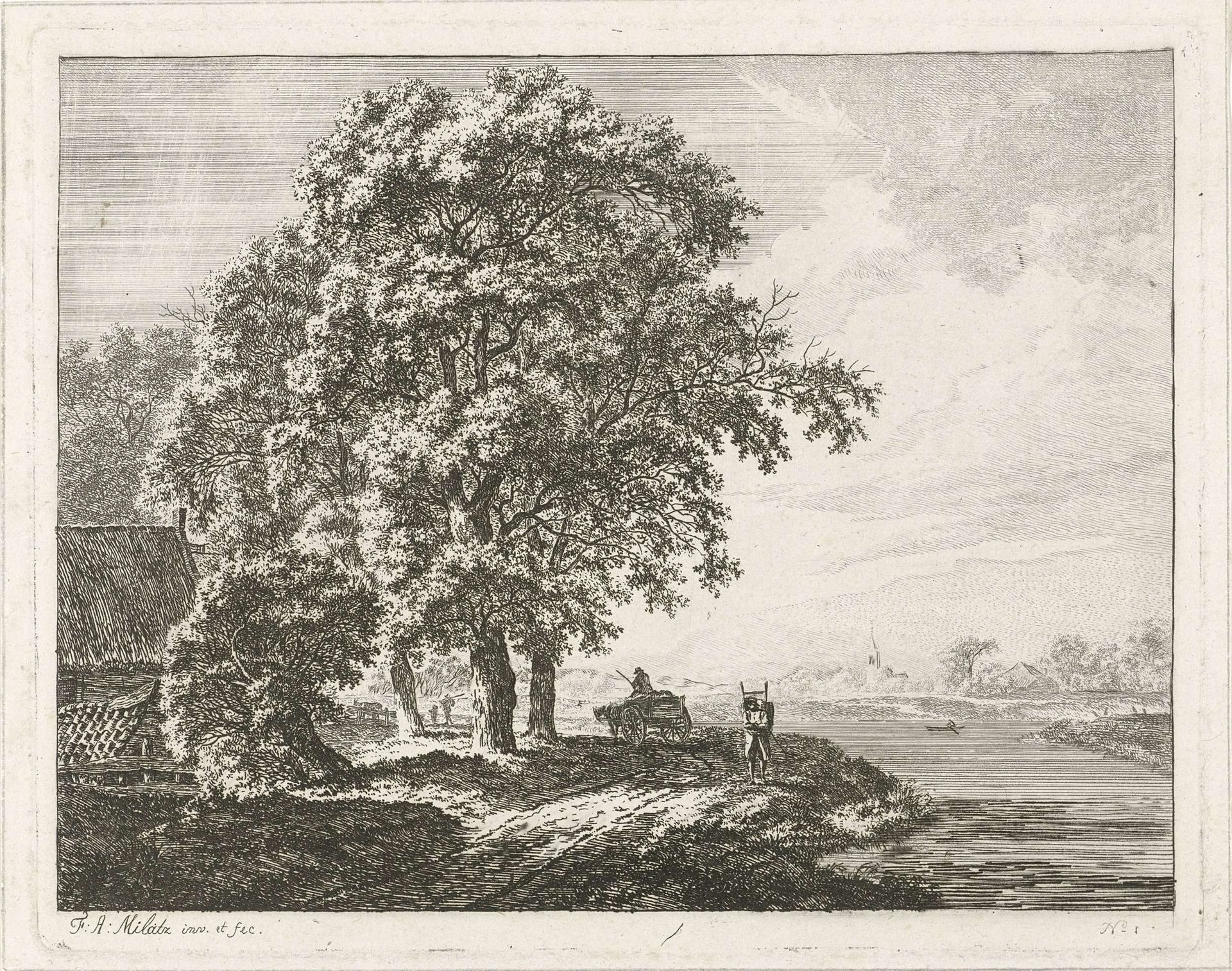 Landschap met hoge bomen langs een rivier by Franciscus Andreas Milatz