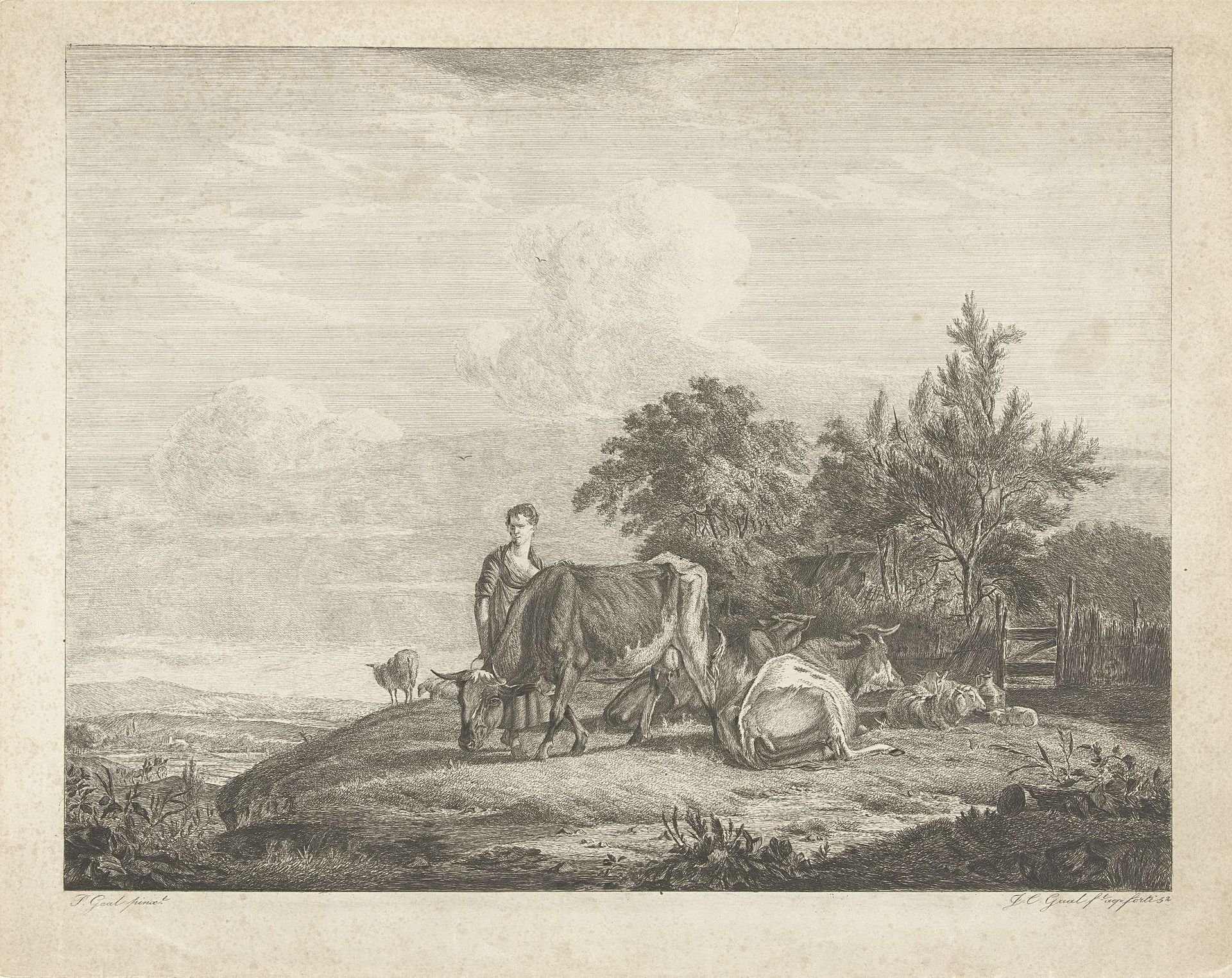 Landschap met herderin bij haar kudde by Jacobus Cornelis Gaal