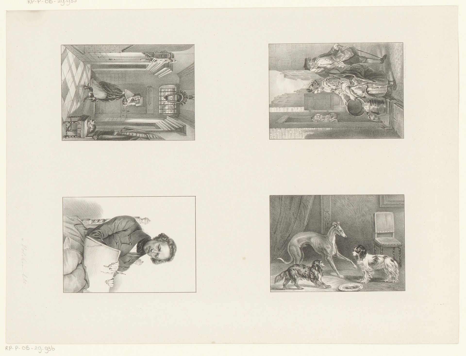 Vrouw opent voordeurluik, vrouw met emmers water, portret van een man en drie honden by Anthonie van Volkom