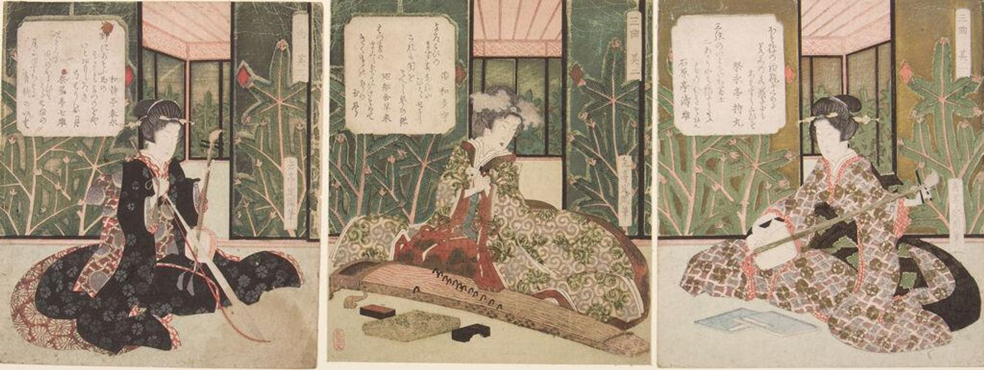 Triptych: Three Women with Musical Instruments (Sankyoku) by Yashima Gakutei 屋島岳亭