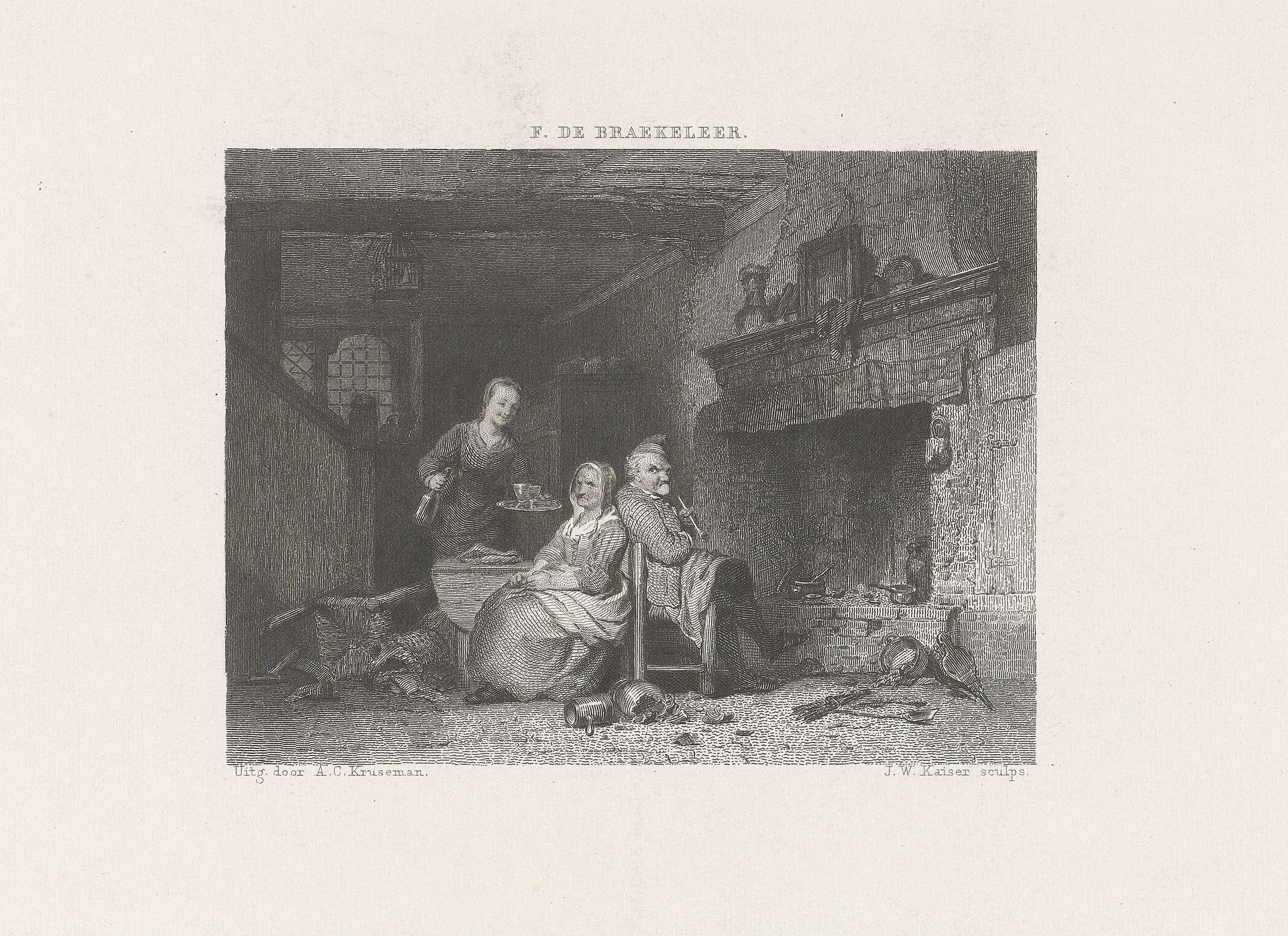 Interieur met drie personen by Johann Wilhelm (I) Kaiser