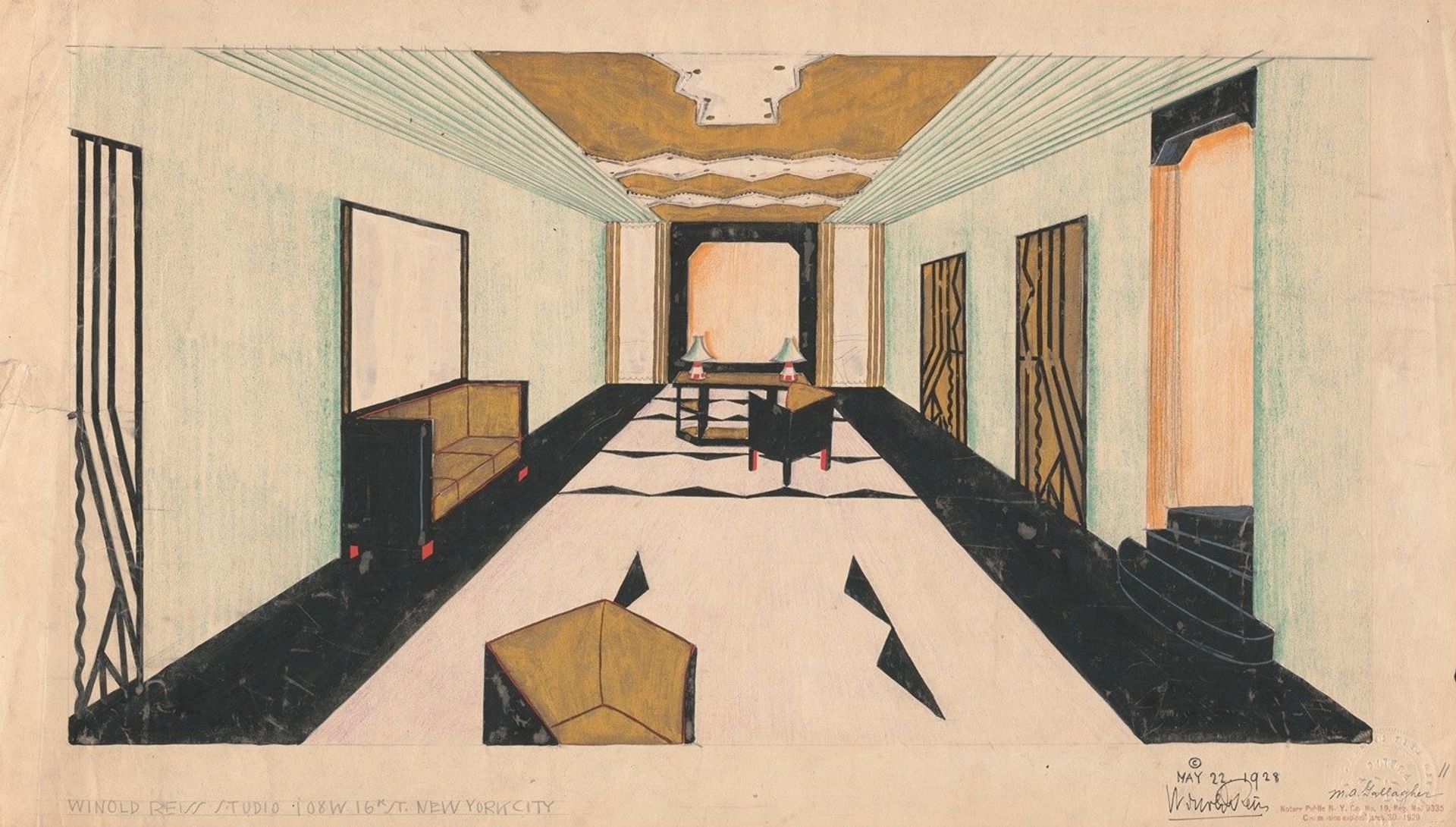 Designs for Shellball Apartments, 8300 Talbot St. at Lefferts Blvd., Kew Gardens, New York, NY.] [Perspective drawing of lobby by Winold Reiss