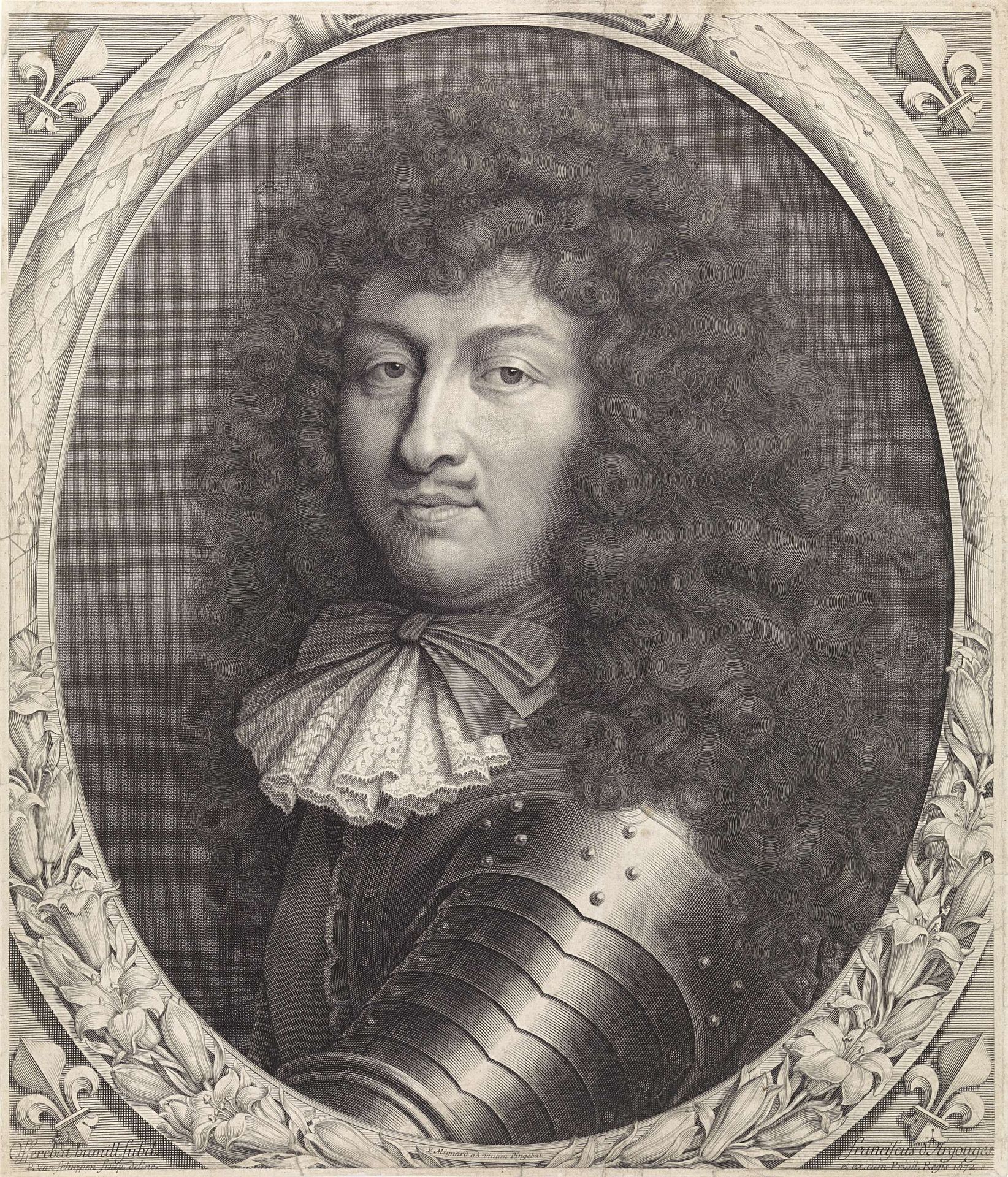 Portret van Lodewijk XIV, koning van Frankrijk, met strik in een ovale omlijsting met lelies by Pieter van Schuppen