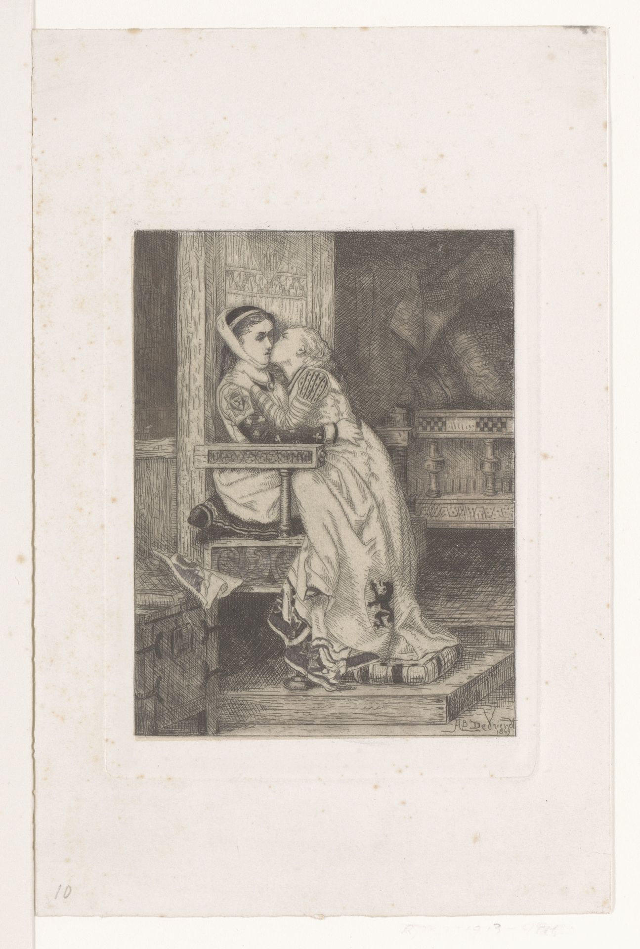 Meisje geeft een kus op de wang van een meisje gezeten in een hoge stoel by Albrecht de Vriendt