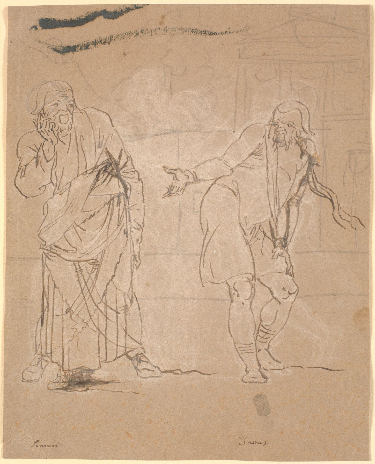 Simo og Davus. Studie til Pigen fra Andros. [Jordemoderen forlader Androspigens hus] by Nicolai Abildgaard