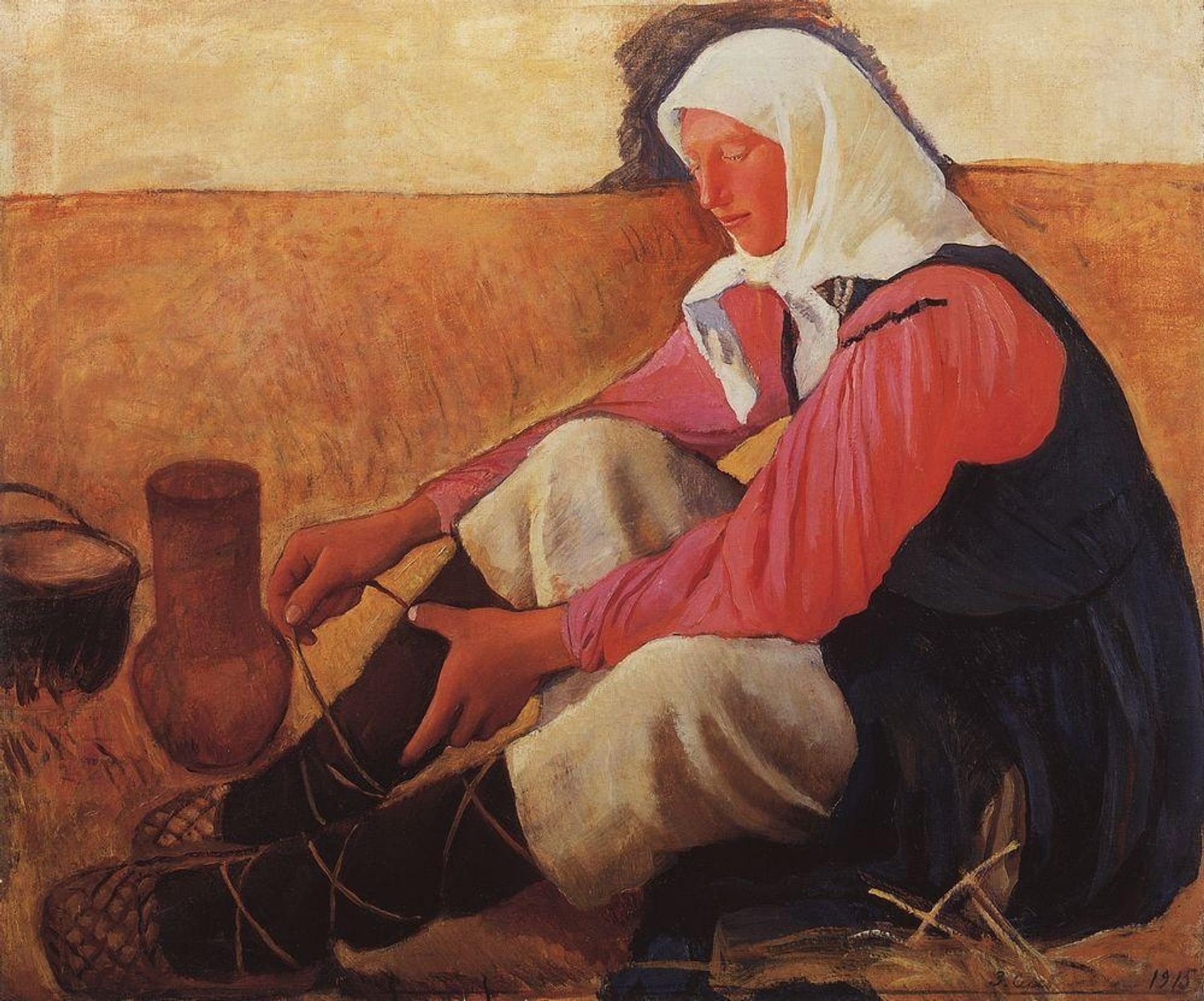 Peasant woman getting her shoes on by Zinaida Serebriakova