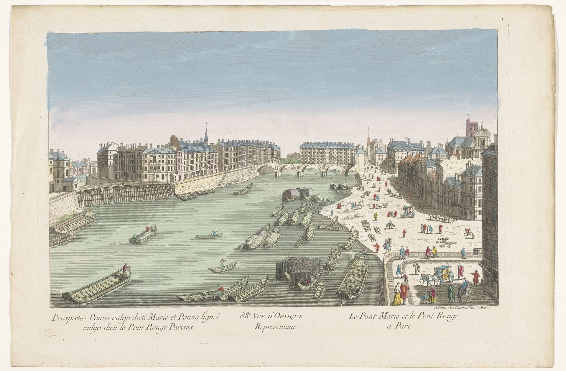 Gezicht op de Pont Marie en de Pont Rouge over de rivier de Seine te Parijs by Jean-François Daumont