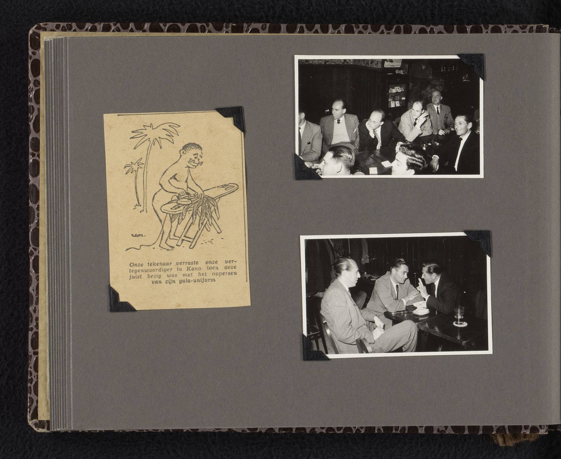 Isabel Wachenheimer's derde echtgenoot Gideon Elon tijdens een etentje met onbekende collega's van Isabel tijdens haar periode bij KLM, 1955, Israël, en een knipsel by Anonymous