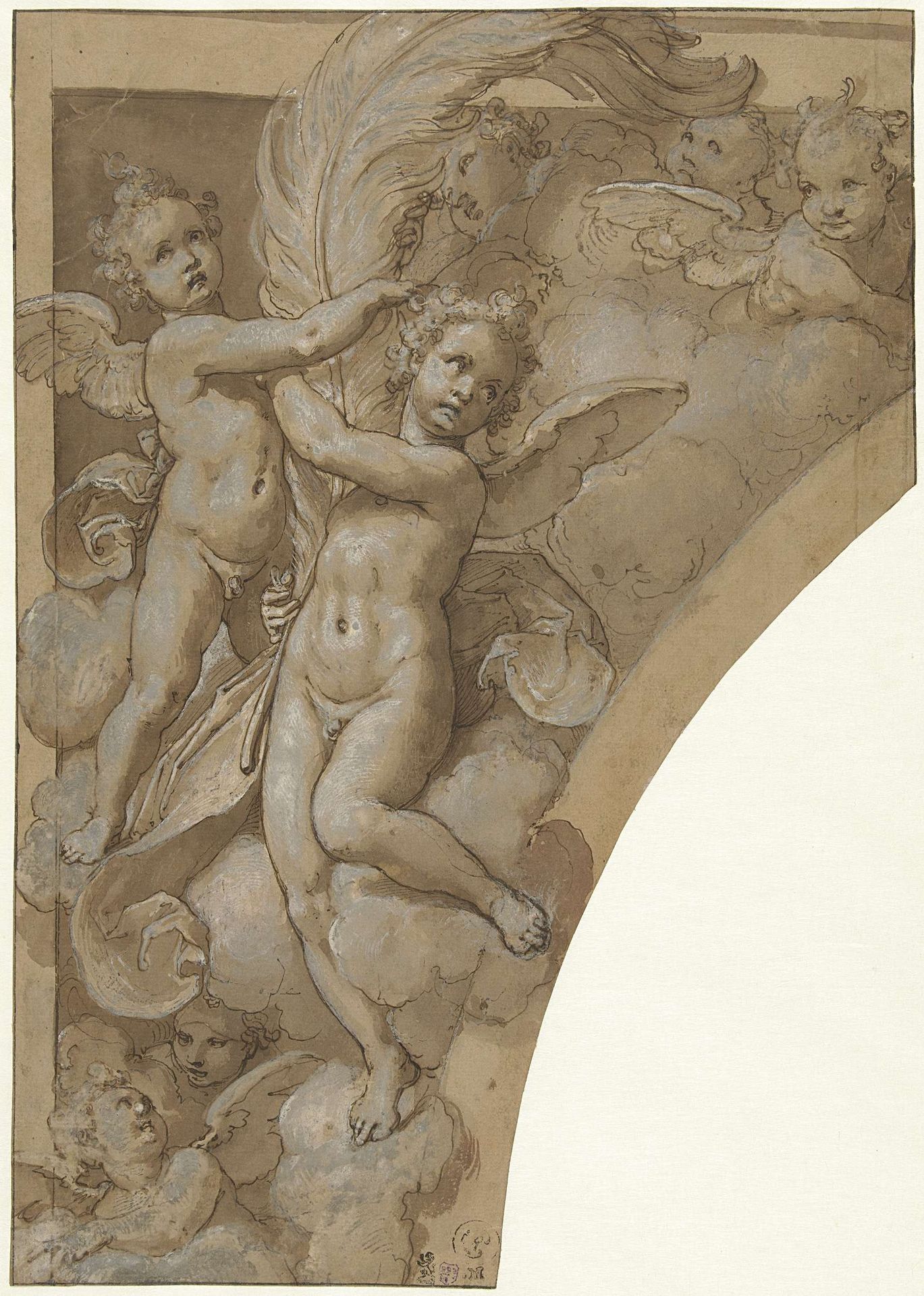 Flight of Angels, Two Holding a Large Feather by Taddeo Zuccaro