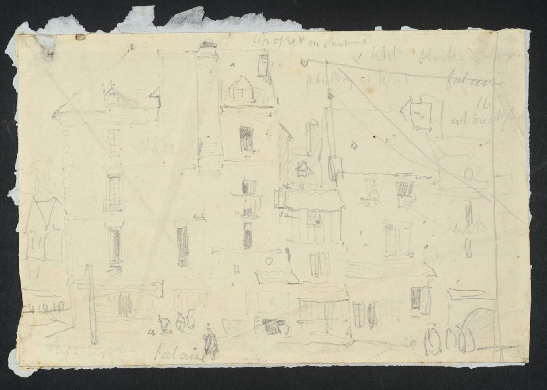 Street in Falaise. Verso: Figure, Seascape and Café Sketches by British (?) School 19th century