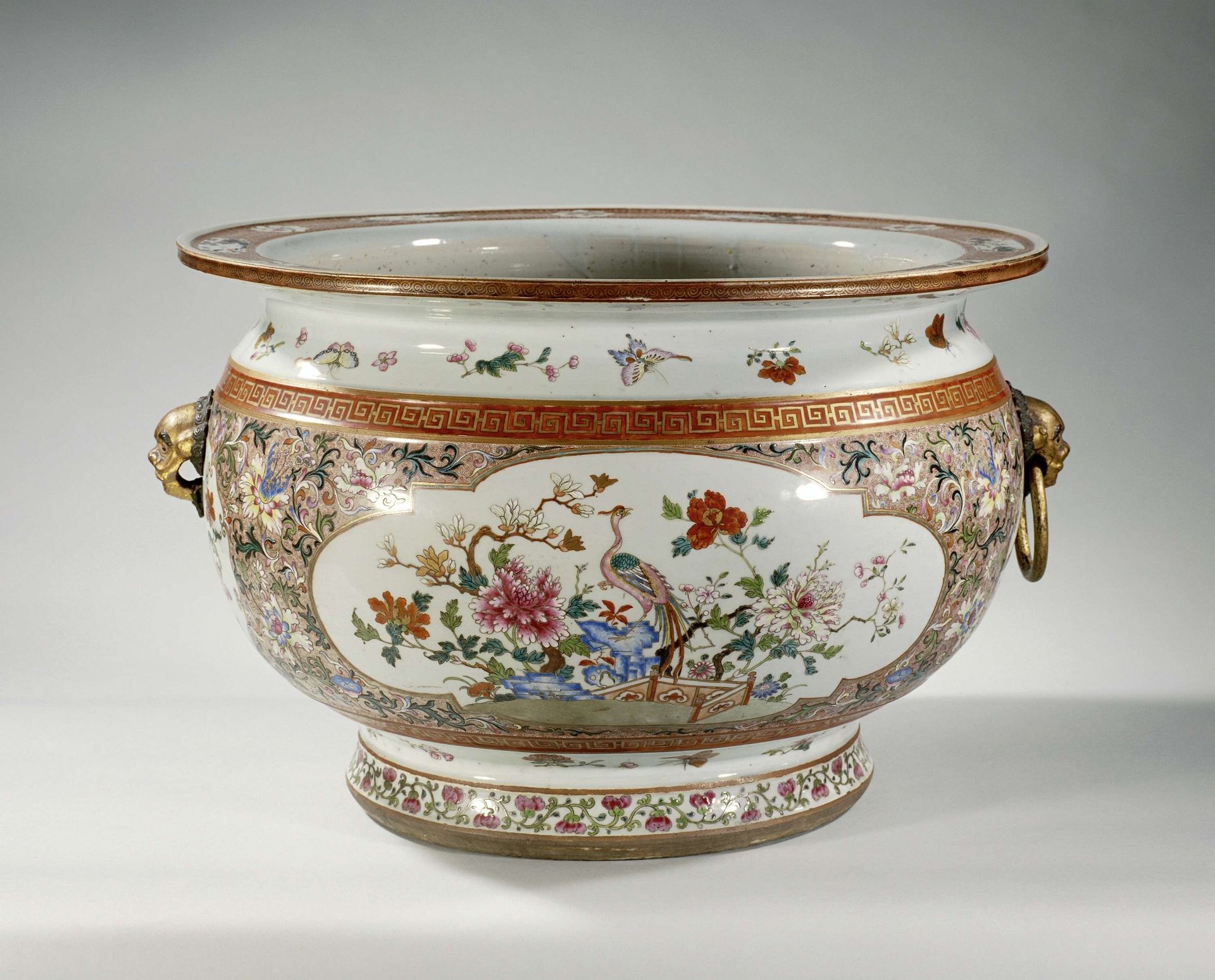 Fish bowl with floral scrolls, flowering plants, birds and insects by Anonymous