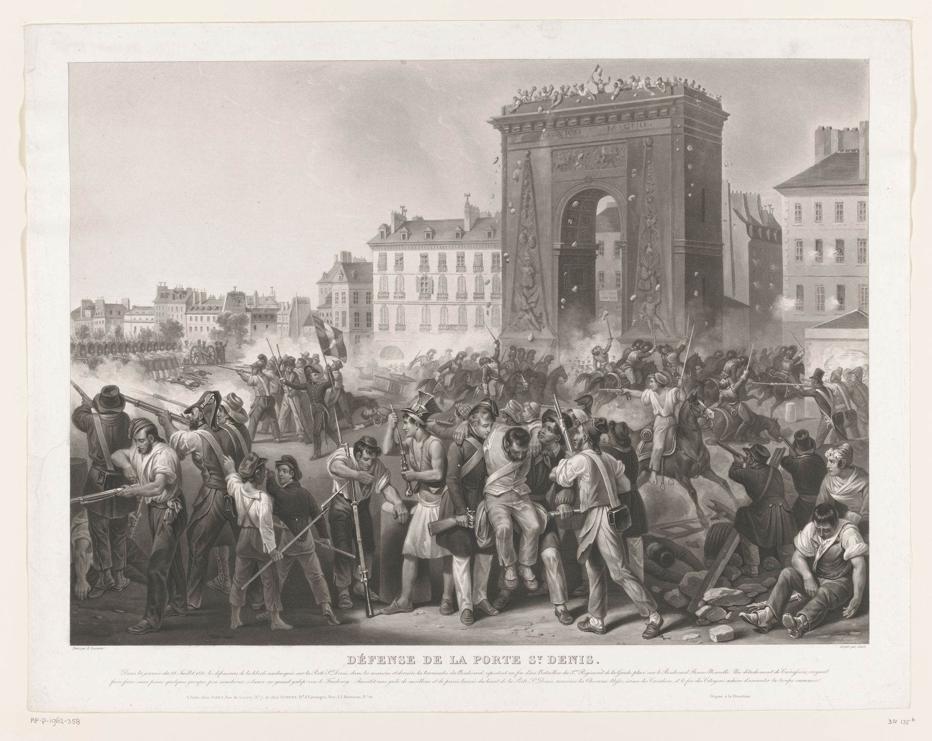 Strijd tijdens de Julirevolutie bij de Porte Saint-Denis by Jean Pierre Marie Jazet