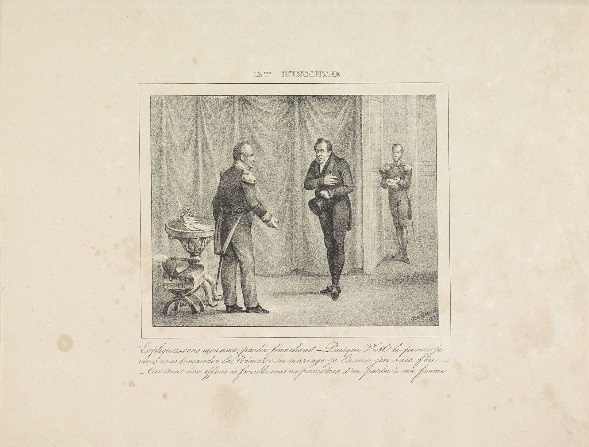 Koning Willem I ontvangt een jongeman die om de hand van zijn dochter vraagt, 1829 by Jean-Louis Van Hemelryck