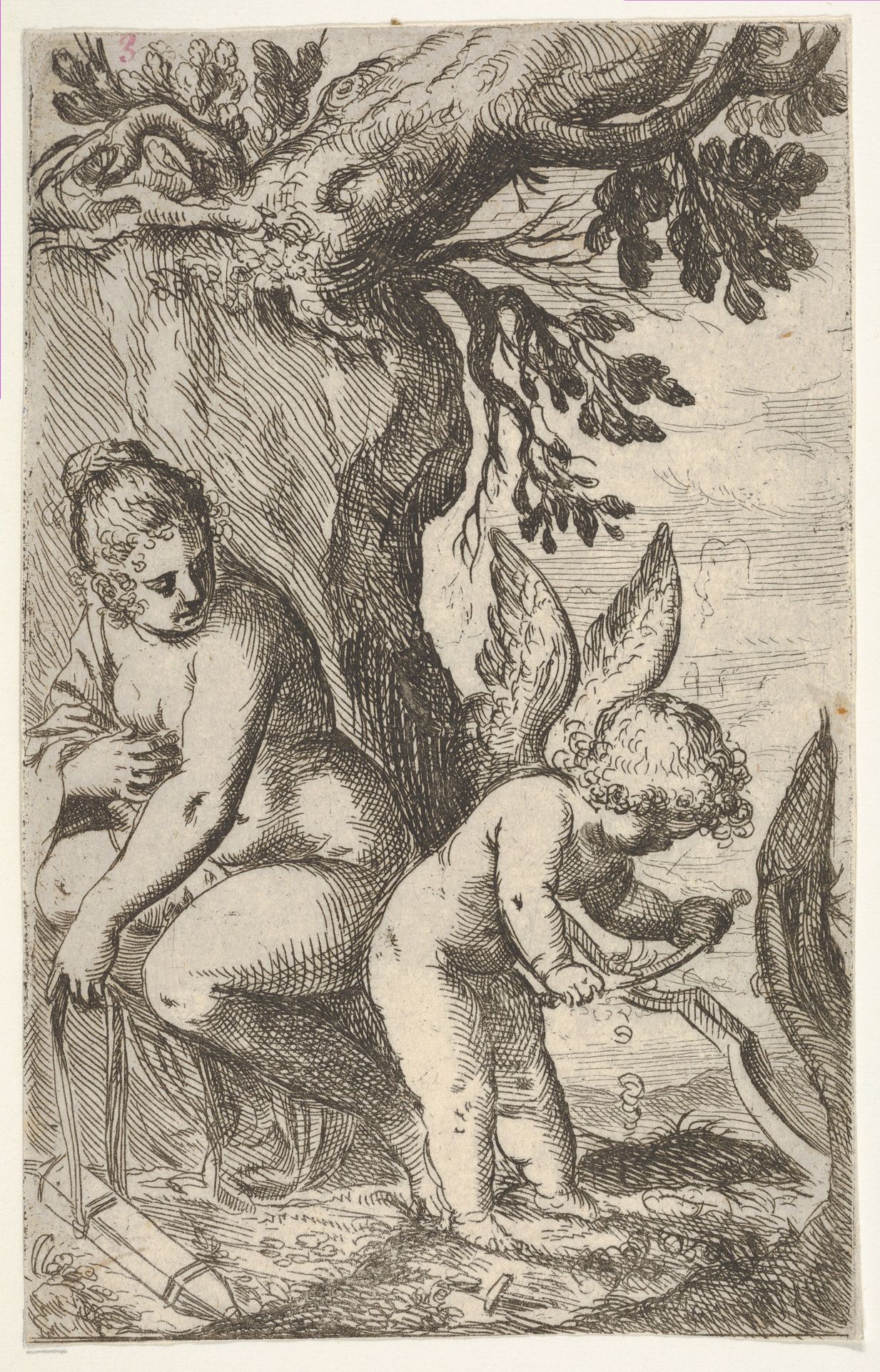 Cupid carves a wooden bow with a file, with his back turned toward Venus, from "Sport of Love" (Scherzi d'amore) by Odoardo Fialetti