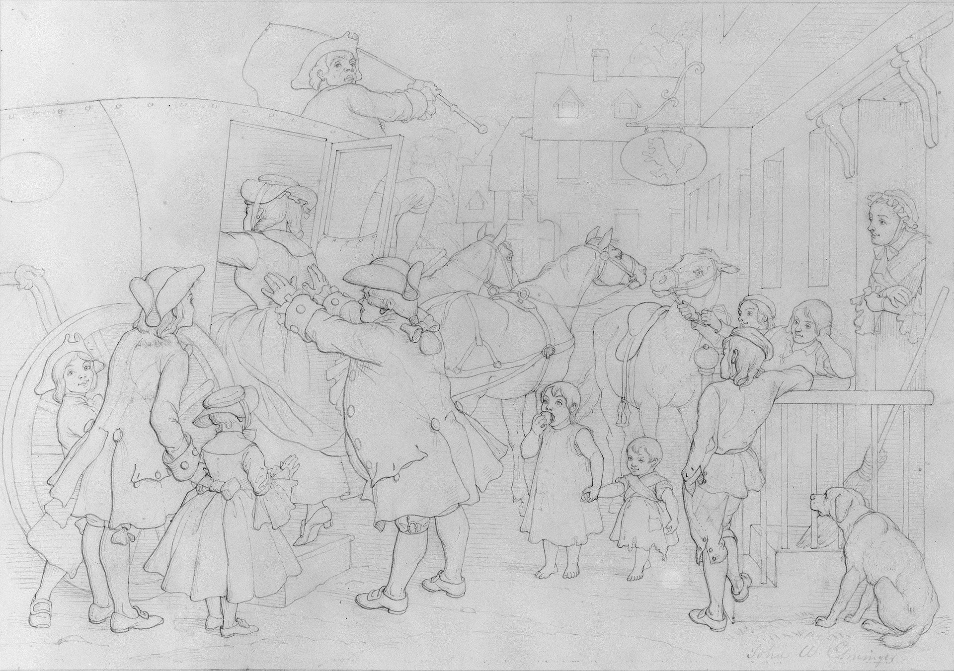 Illustration to William Cowper's Poem "The Diverting History of John Gilpin": John Gilpin Sends His Wife and Family before Him to the Church to Renew Their Wedding Vows by John Whetten Ehninger